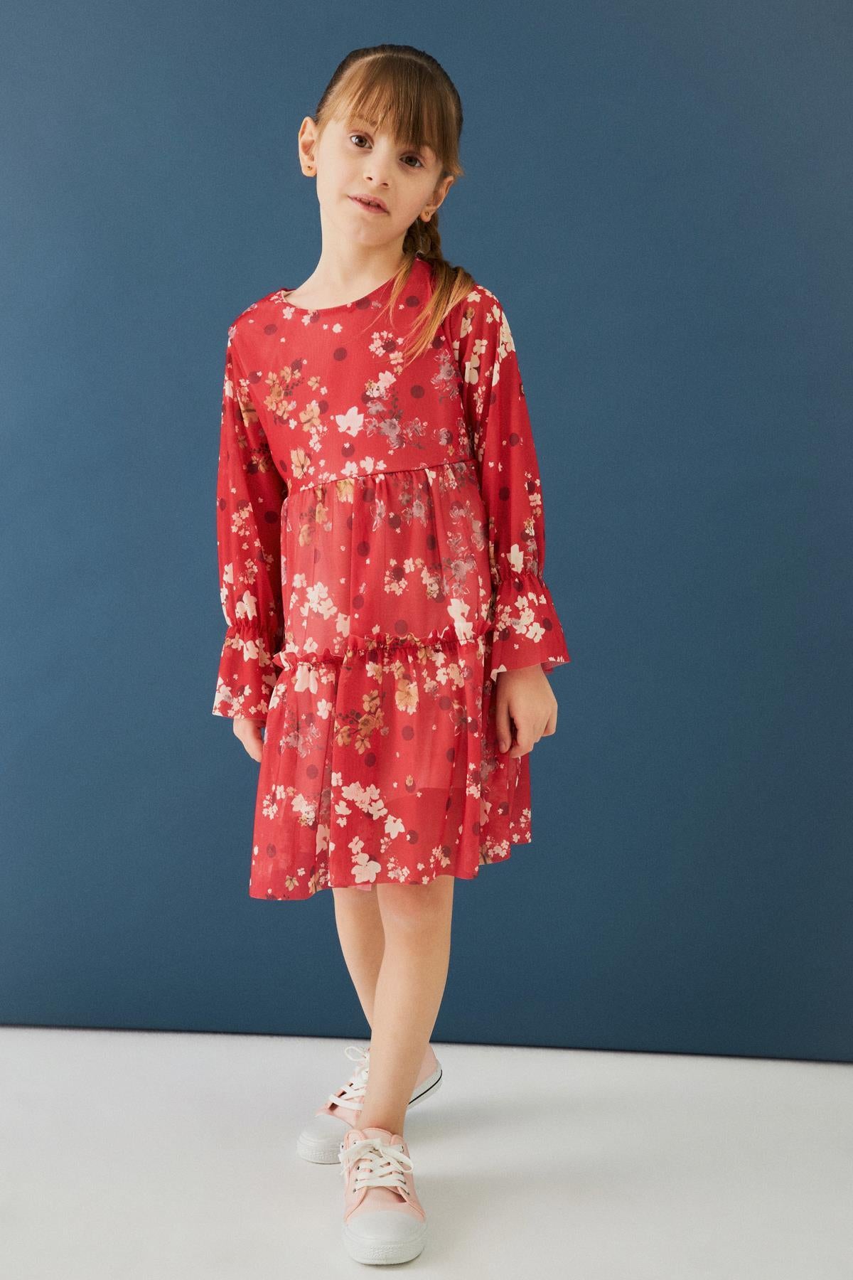 Bisiklet Yaka Uzun Kollu Çiçek Desenli Şifon Kız Çocuk Elbise