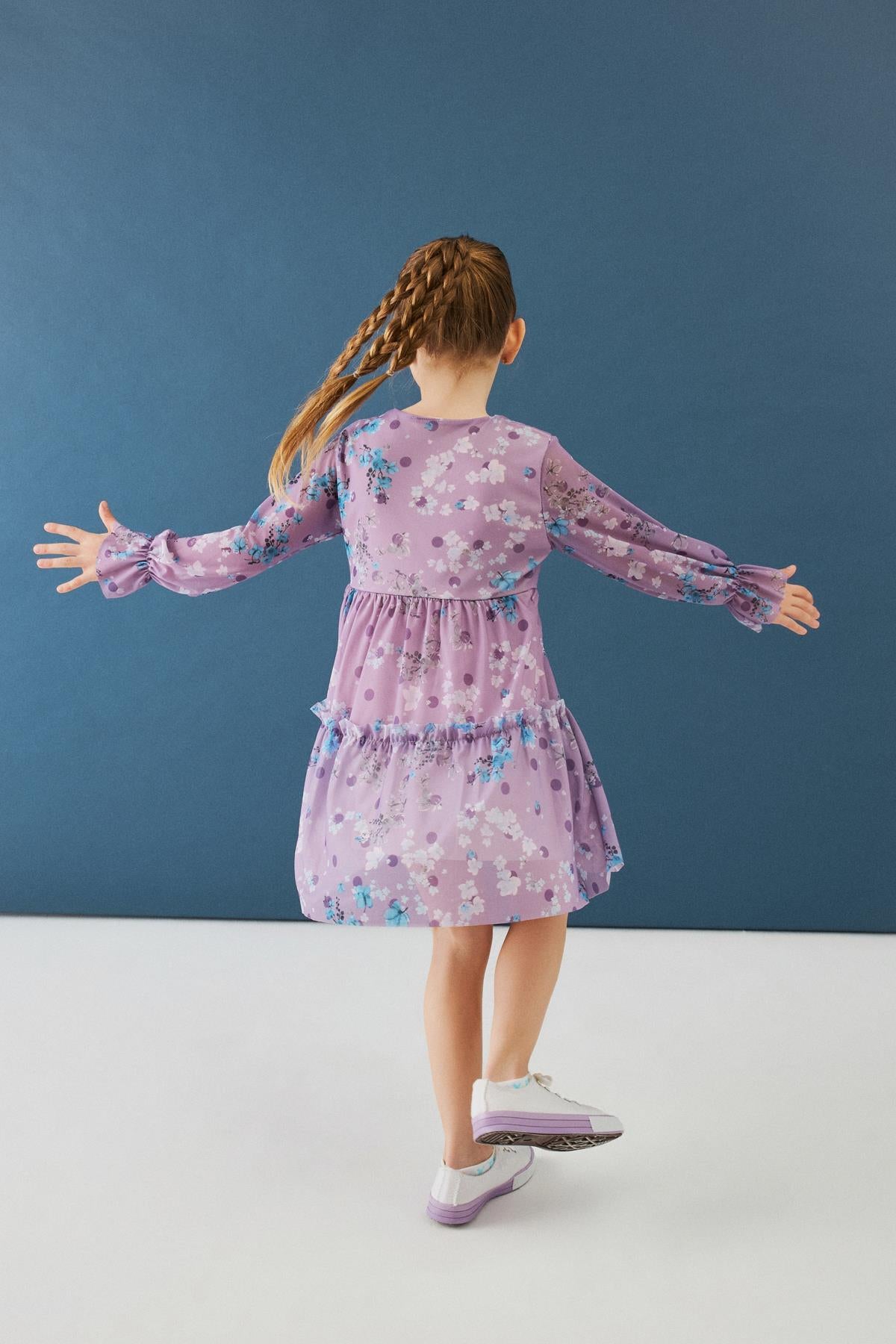 Bisiklet Yaka Uzun Kollu Çiçek Desenli Şifon Kız Çocuk Elbise