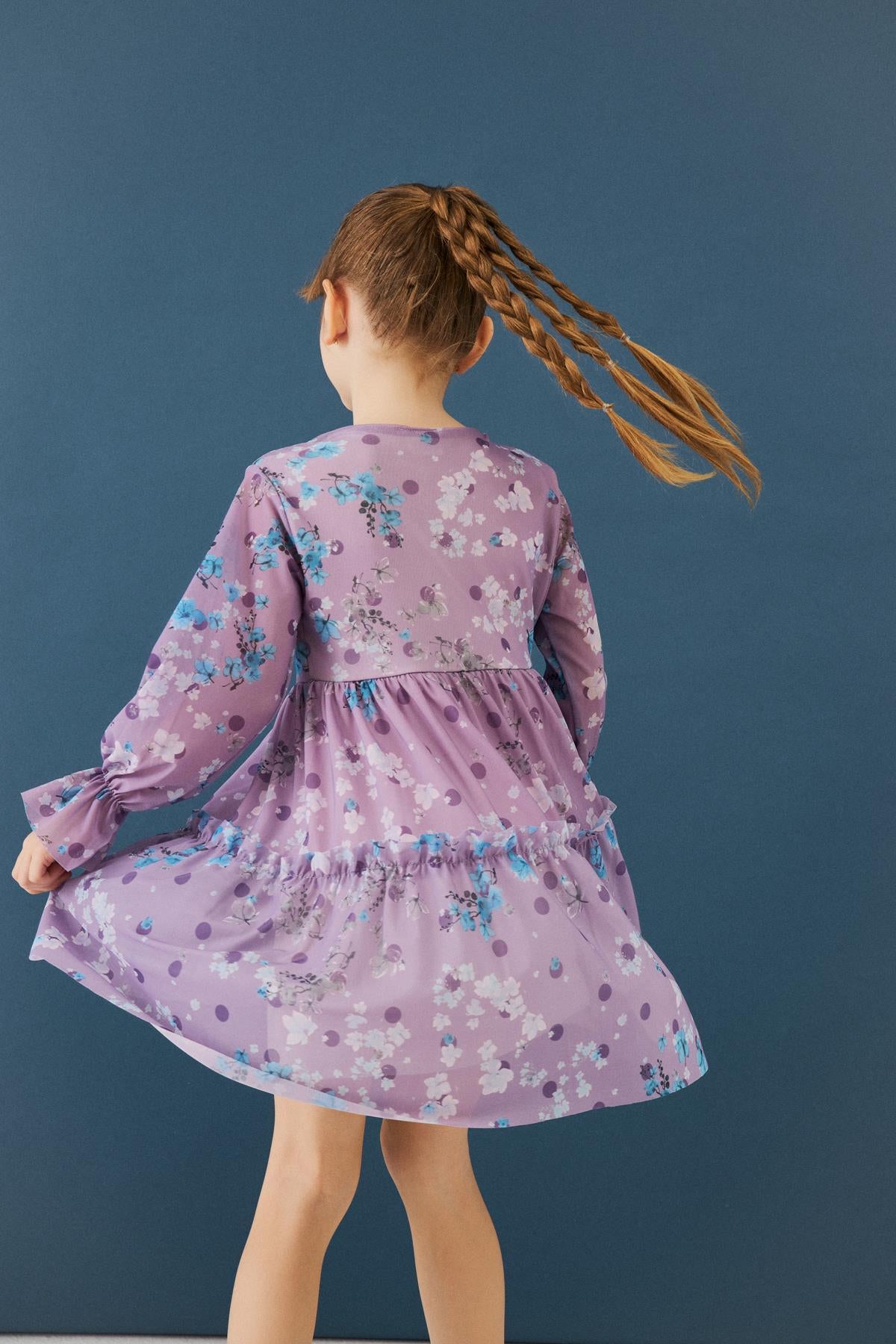 Bisiklet Yaka Uzun Kollu Çiçek Desenli Şifon Kız Çocuk Elbise