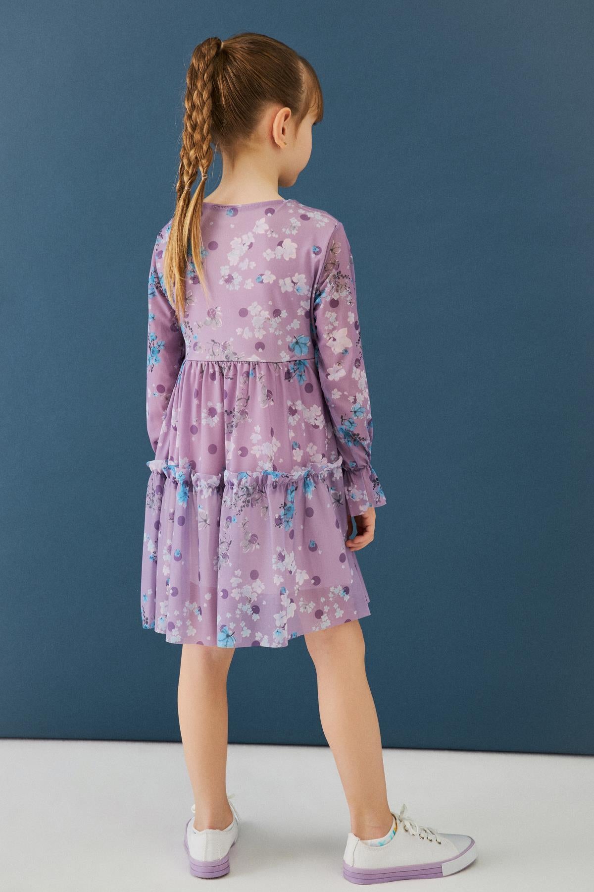 Bisiklet Yaka Uzun Kollu Çiçek Desenli Şifon Kız Çocuk Elbise