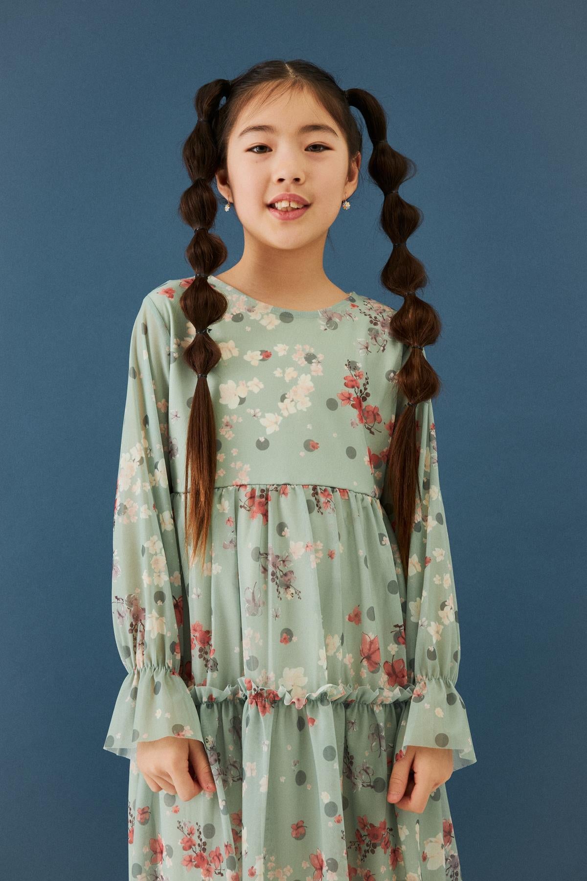 Bisiklet Yaka Uzun Kollu Çiçek Desenli Şifon Kız Çocuk Elbise