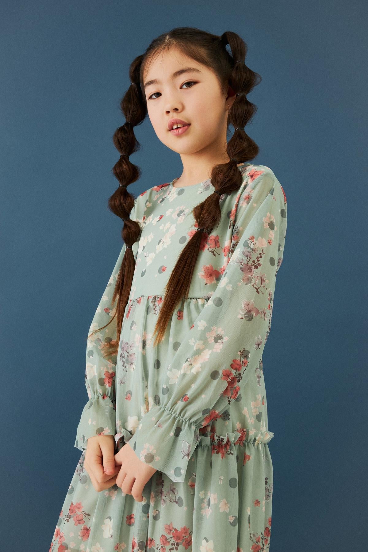 Bisiklet Yaka Uzun Kollu Çiçek Desenli Şifon Kız Çocuk Elbise