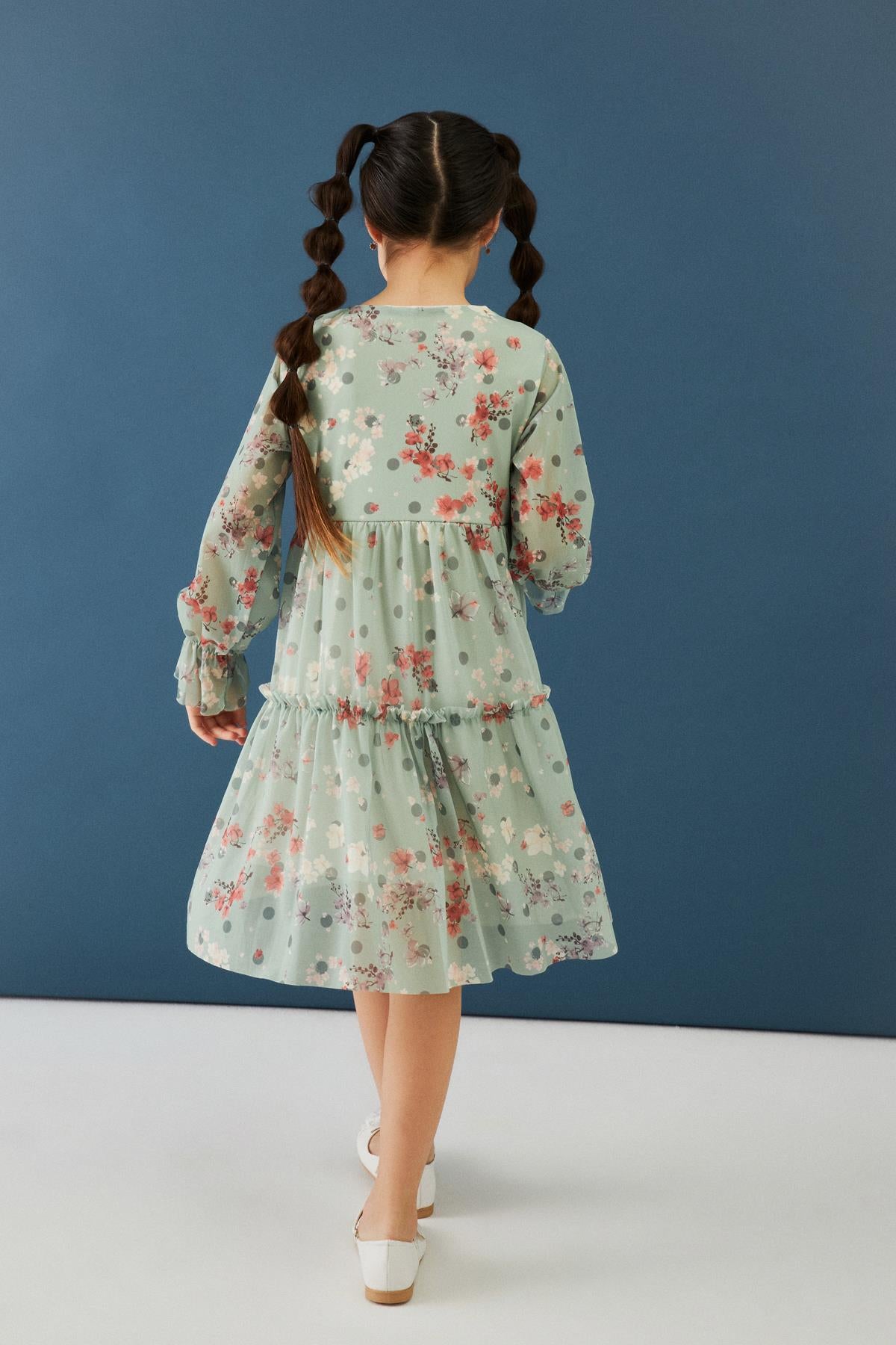 Bisiklet Yaka Uzun Kollu Çiçek Desenli Şifon Kız Çocuk Elbise