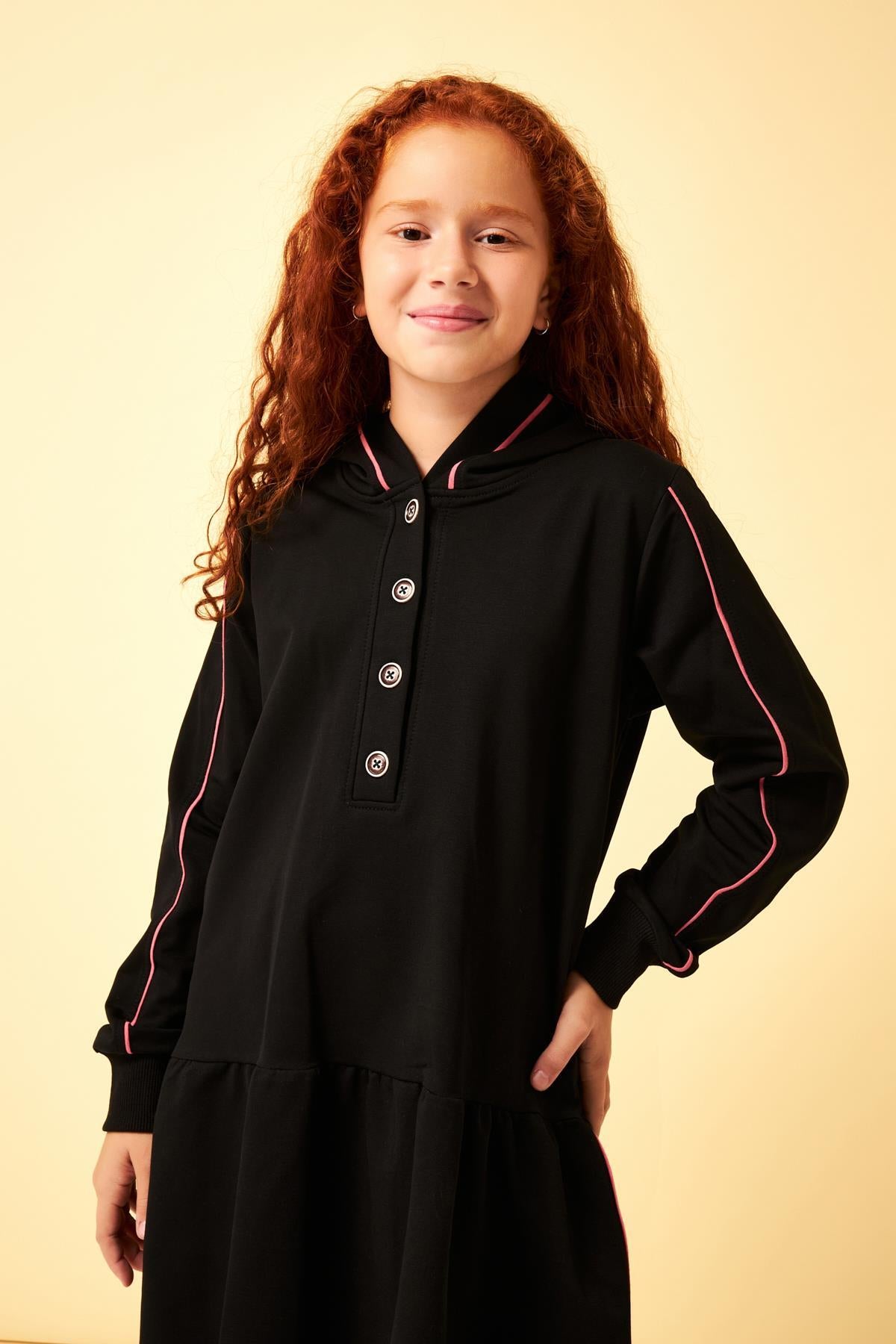 Biye Detaylı Kapüşonlu Kız Çocuk Elbise