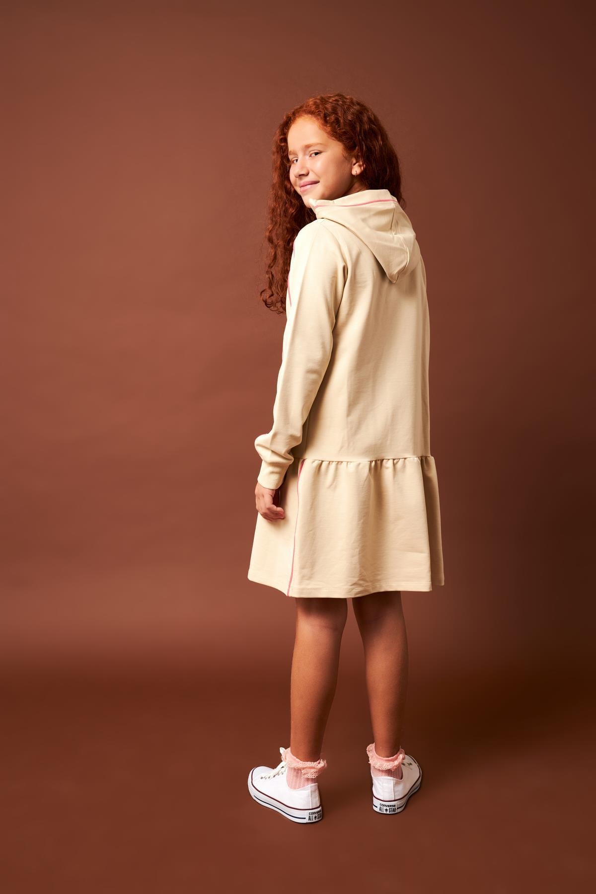 Biye Detaylı Kapüşonlu Kız Çocuk Elbise