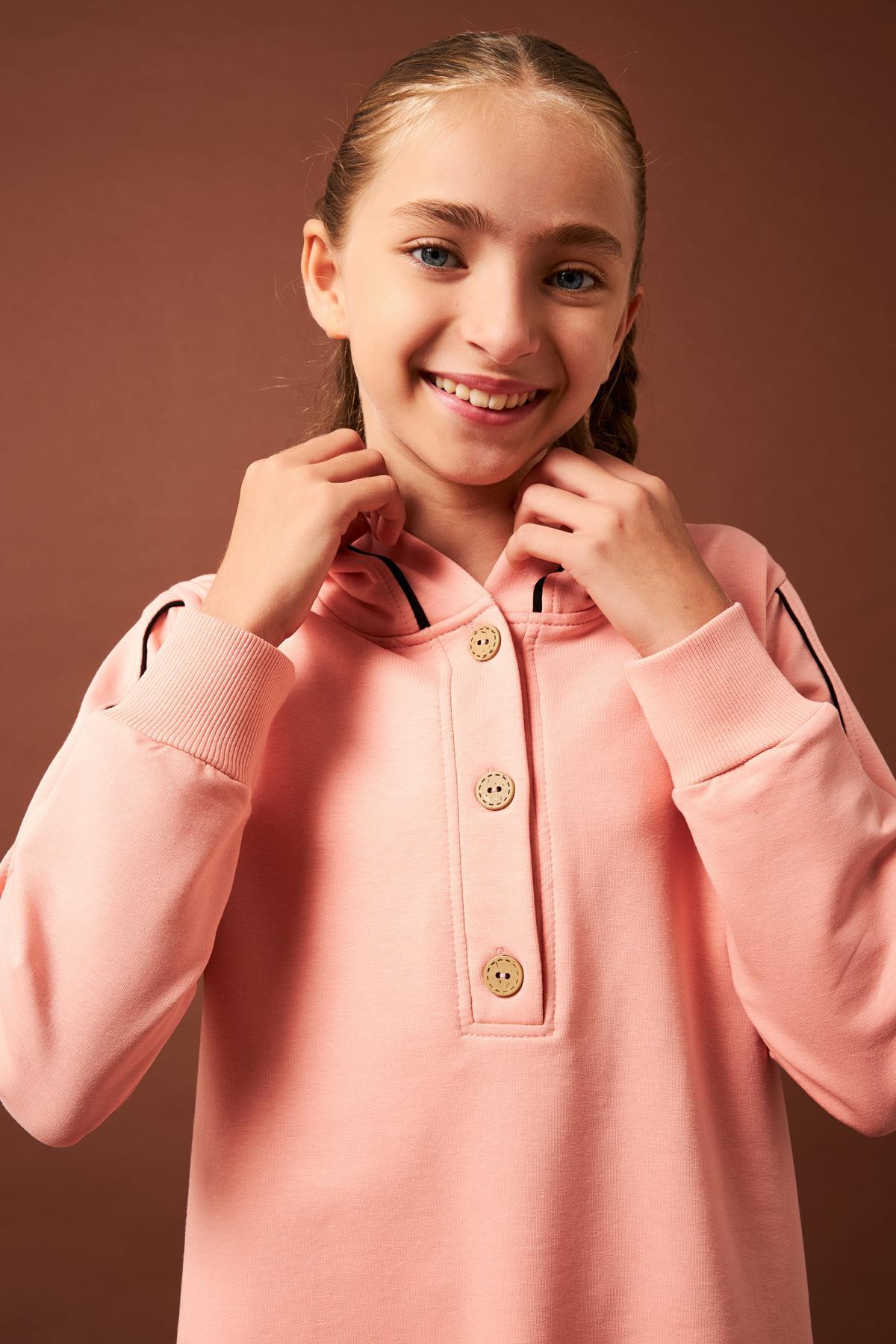 Biye Detaylı Kapüşonlu Kız Çocuk Elbise