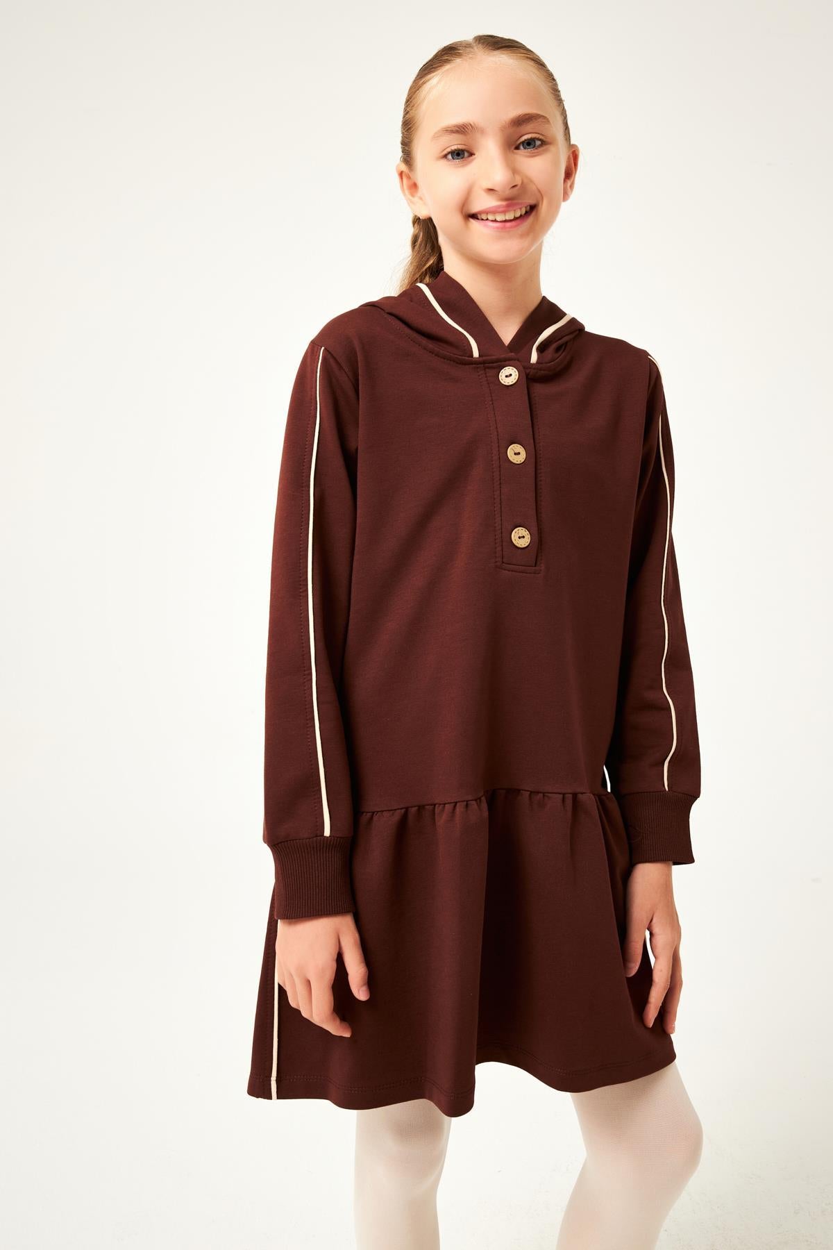 Biye Detaylı Kapüşonlu Kız Çocuk Elbise