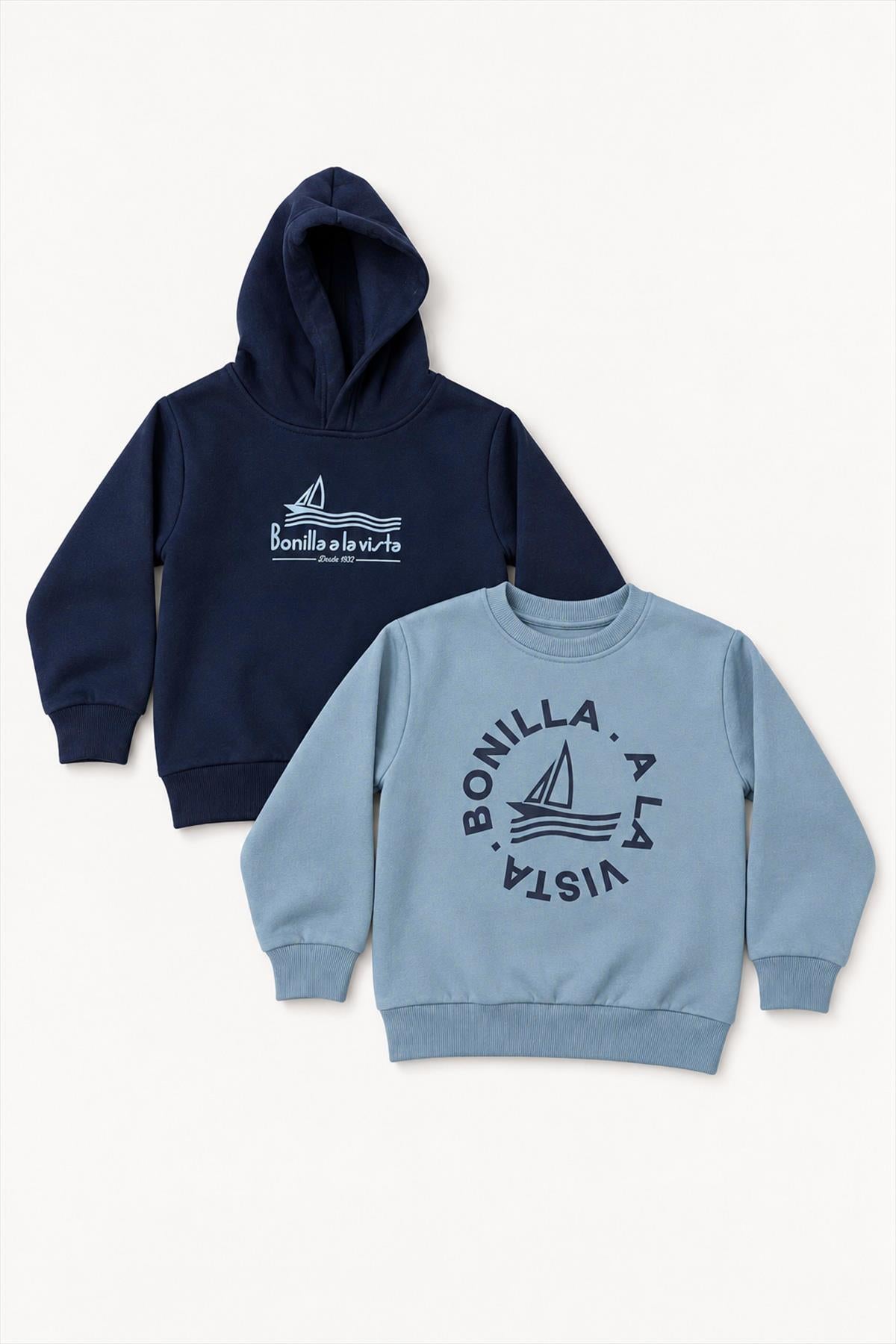 Erkek Çocuk 2'li Kapüşonlu ve Bisiklet Yaka Baskılı Kışlık Sweatshirt