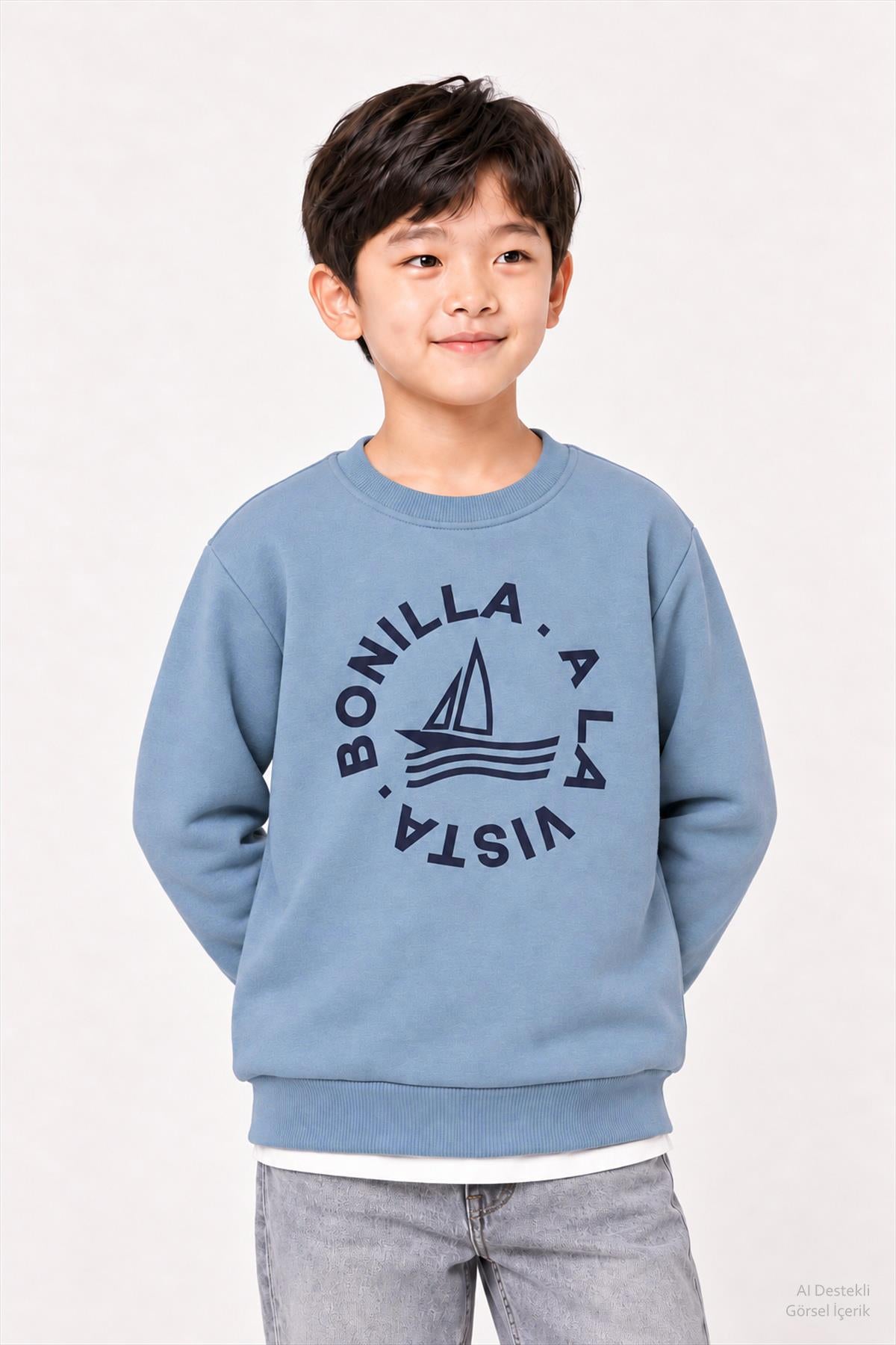 Erkek Çocuk 2'li Kapüşonlu ve Bisiklet Yaka Baskılı Kışlık Sweatshirt