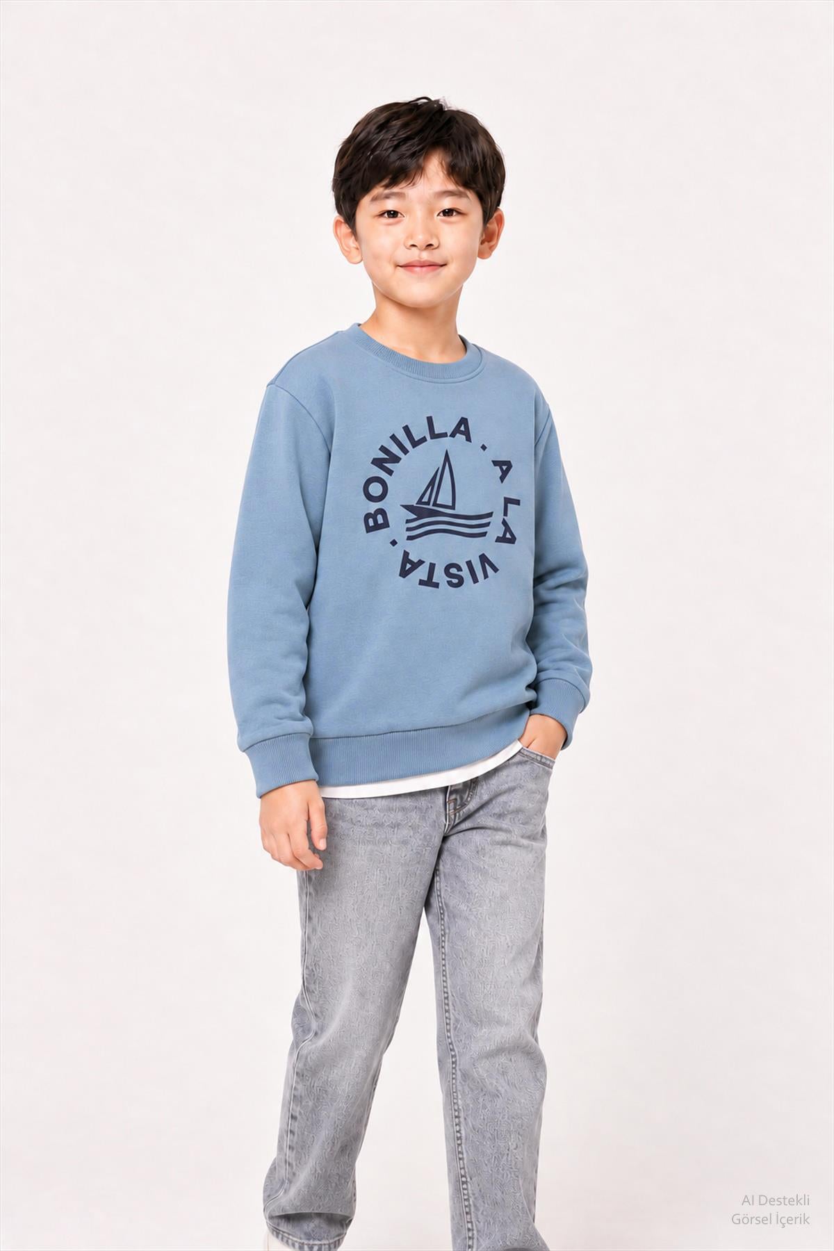 Erkek Çocuk 2'li Kapüşonlu ve Bisiklet Yaka Baskılı Kışlık Sweatshirt