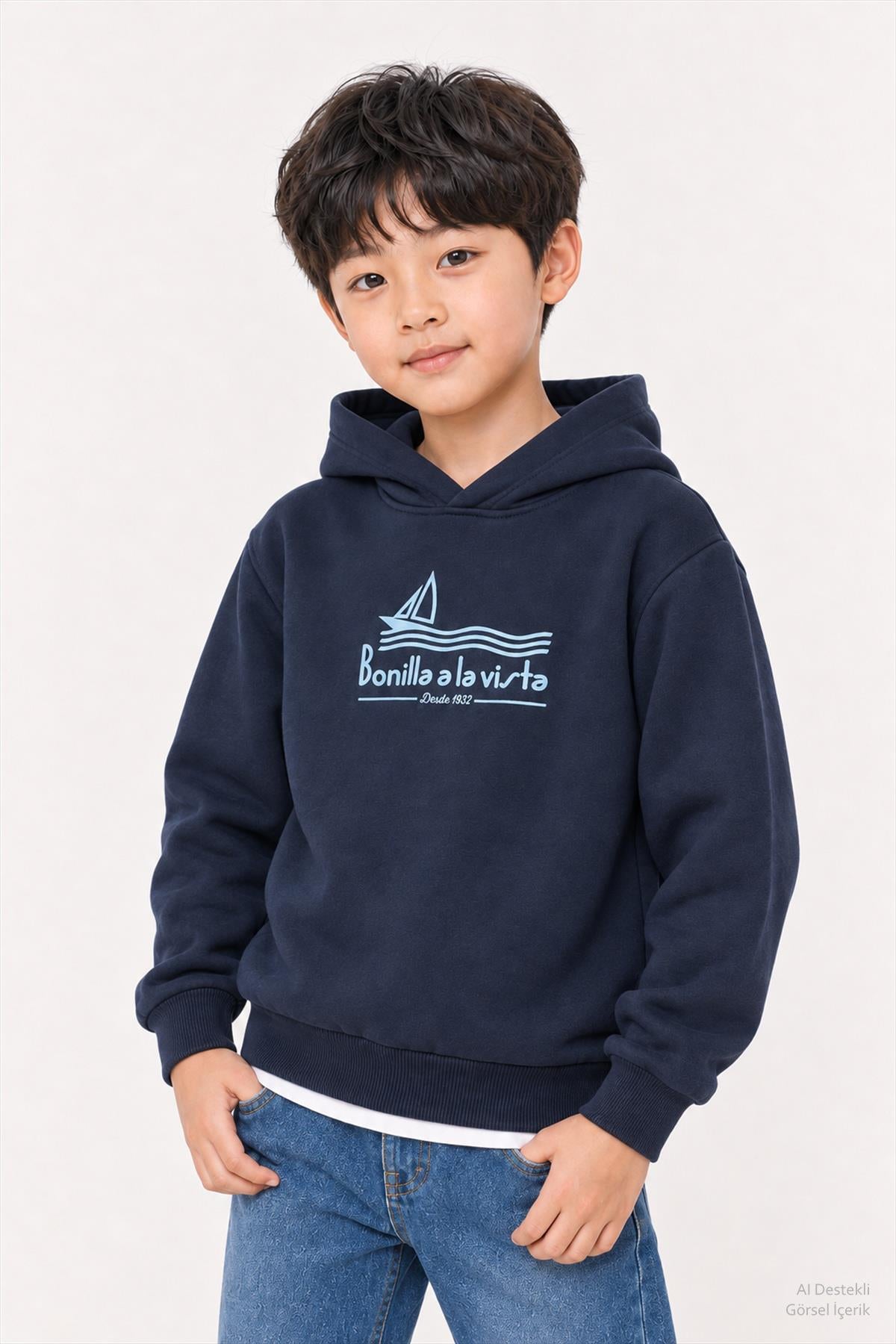 Erkek Çocuk 2'li Kapüşonlu ve Bisiklet Yaka Baskılı Kışlık Sweatshirt