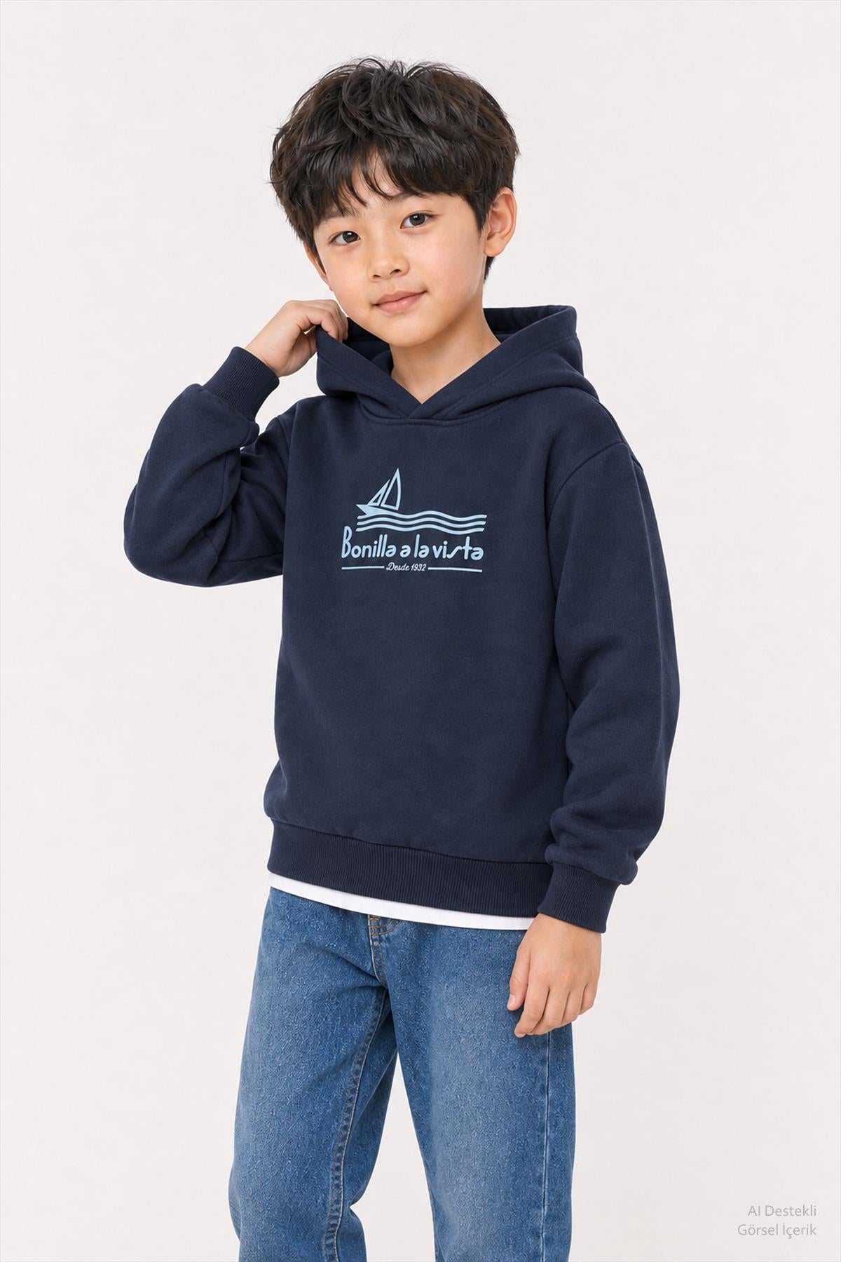 Erkek Çocuk 2'li Kapüşonlu ve Bisiklet Yaka Baskılı Kışlık Sweatshirt