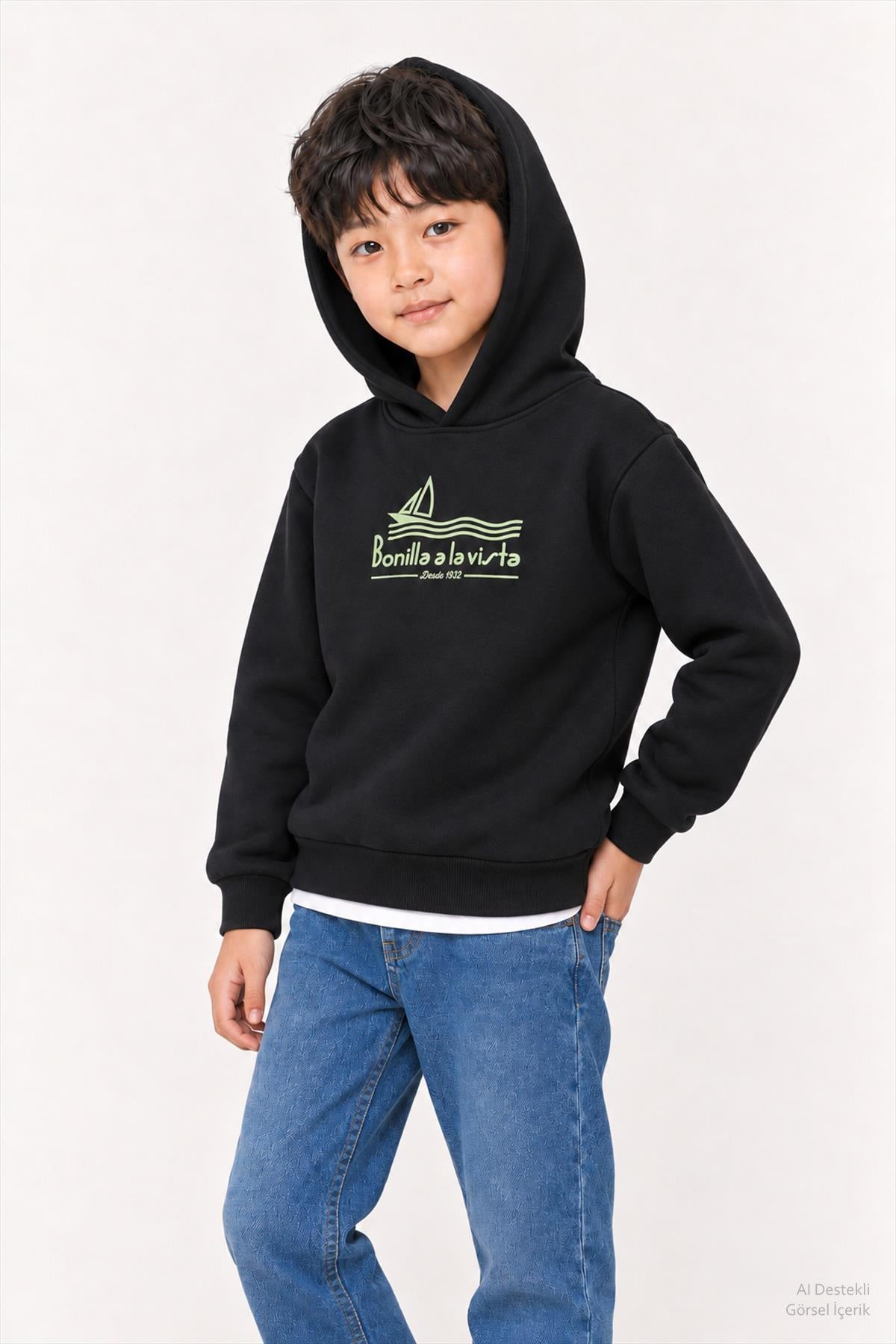 Erkek Çocuk 2'li Kapüşonlu ve Bisiklet Yaka Baskılı Kışlık Sweatshirt