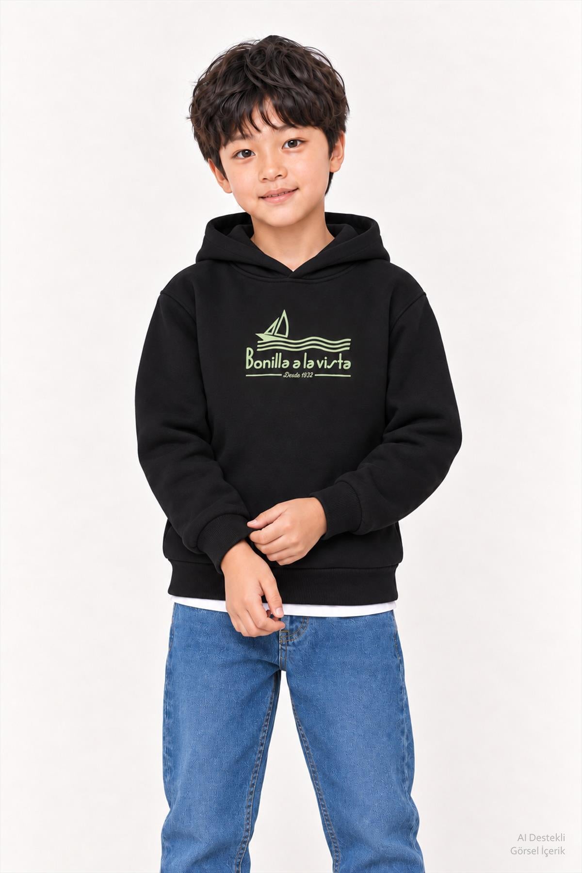 Erkek Çocuk 2'li Kapüşonlu ve Bisiklet Yaka Baskılı Kışlık Sweatshirt