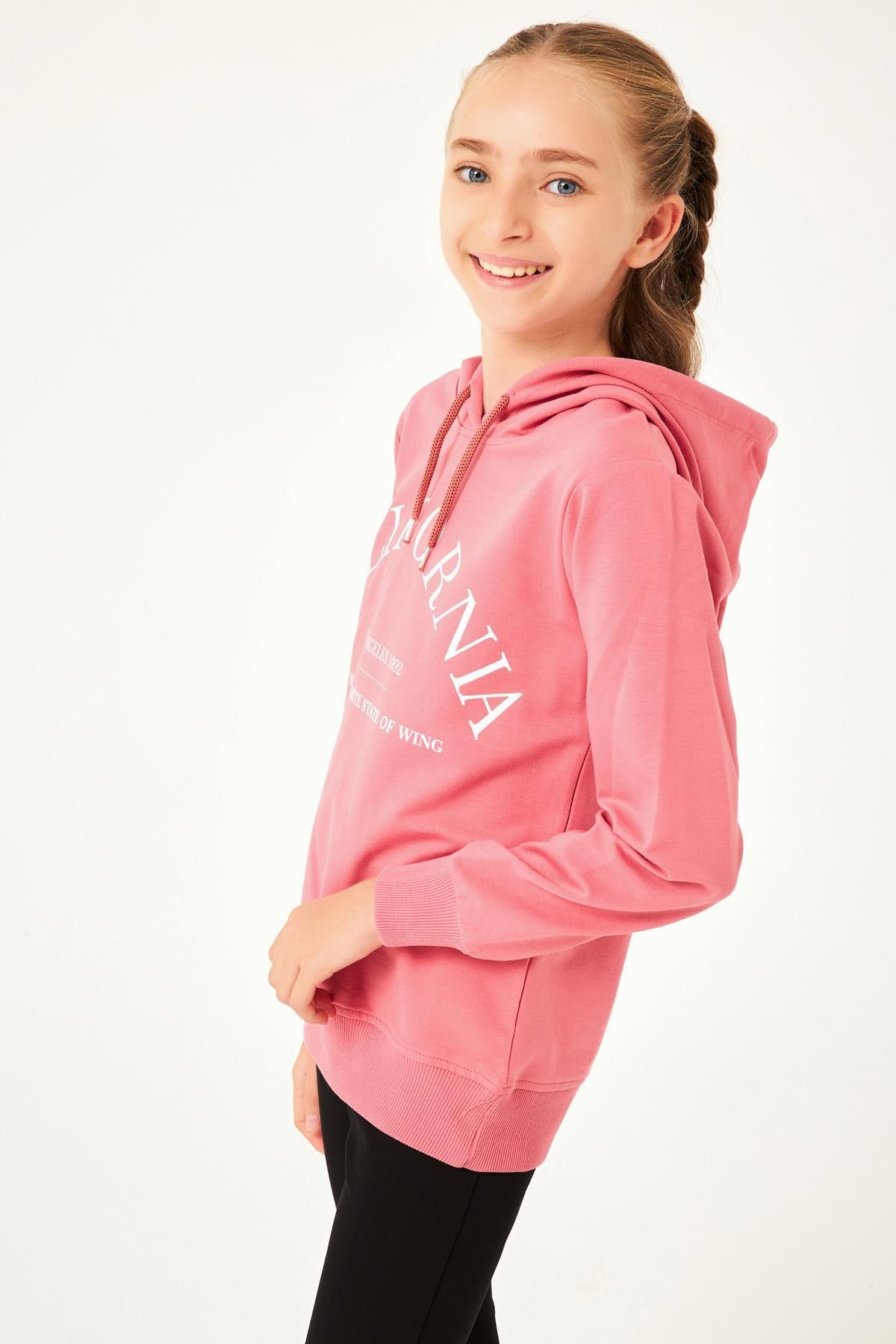 California Baskı Detaylı Kapüşonlu Kız Çocuk Sweatshirt