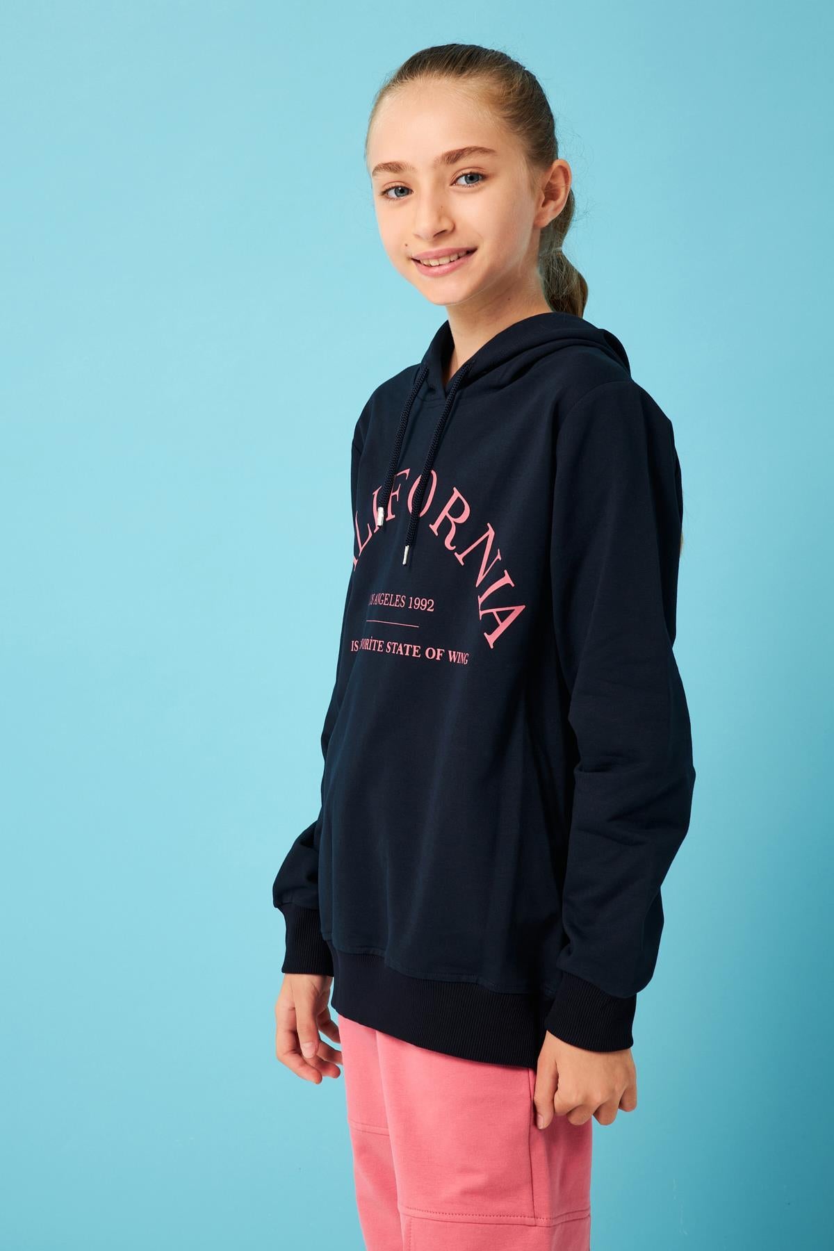California Baskı Detaylı Kapüşonlu Kız Çocuk Sweatshirt