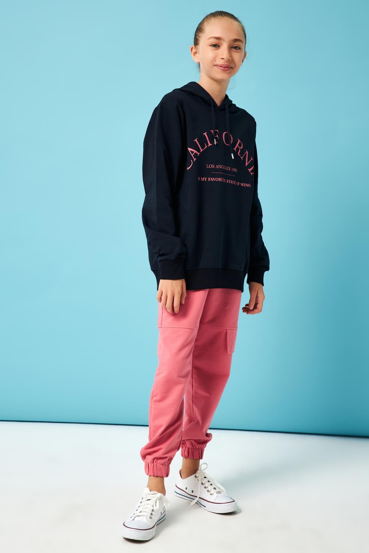 California Baskı Detaylı Kapüşonlu Kız Çocuk Sweatshirt