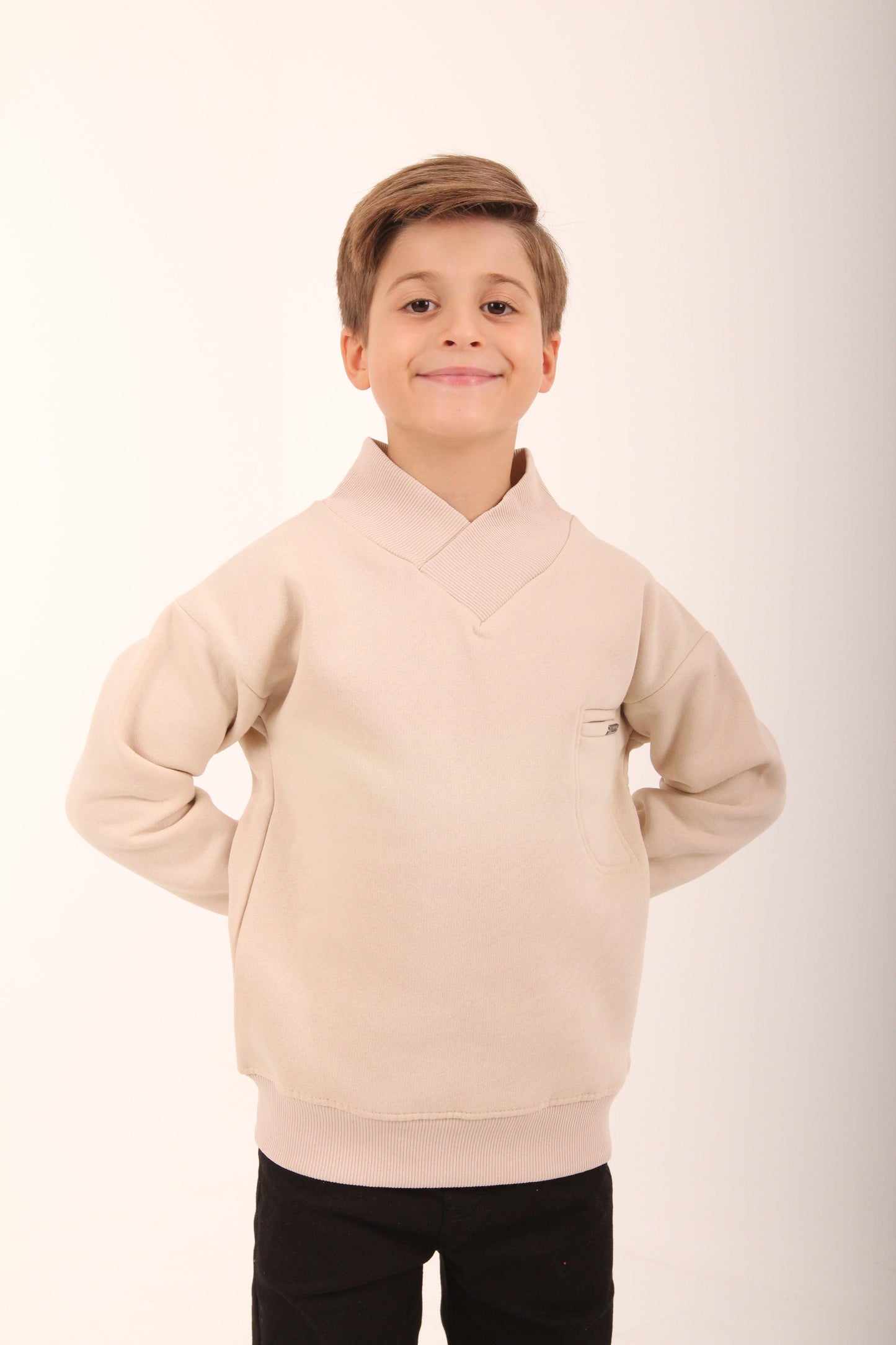 Cep Detaylı İçi Polarlı Erkek Çocuk Sweatshirt Taş