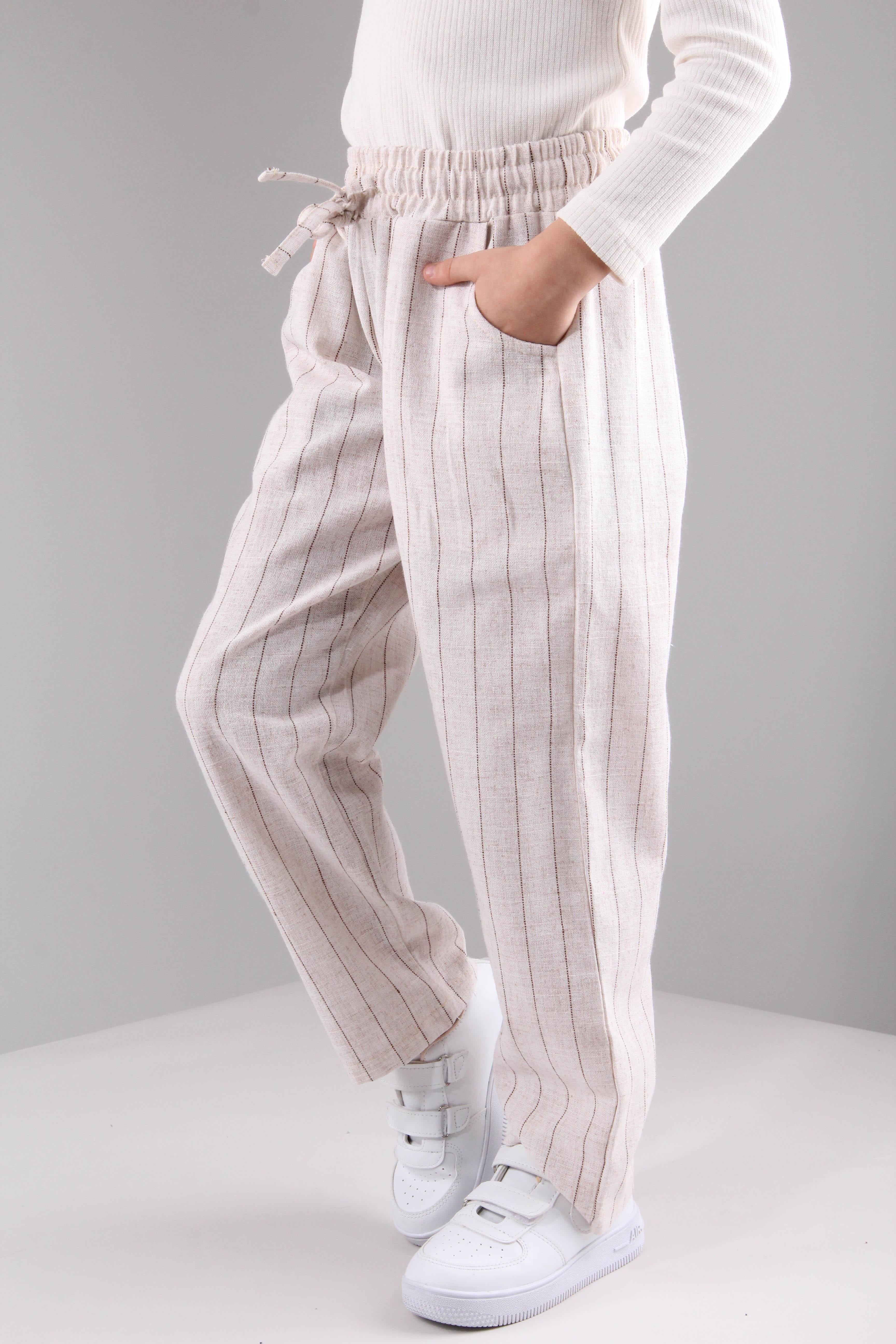 Cepli Kız ve Erkek Çocuk Keten Çizgili Pantolon