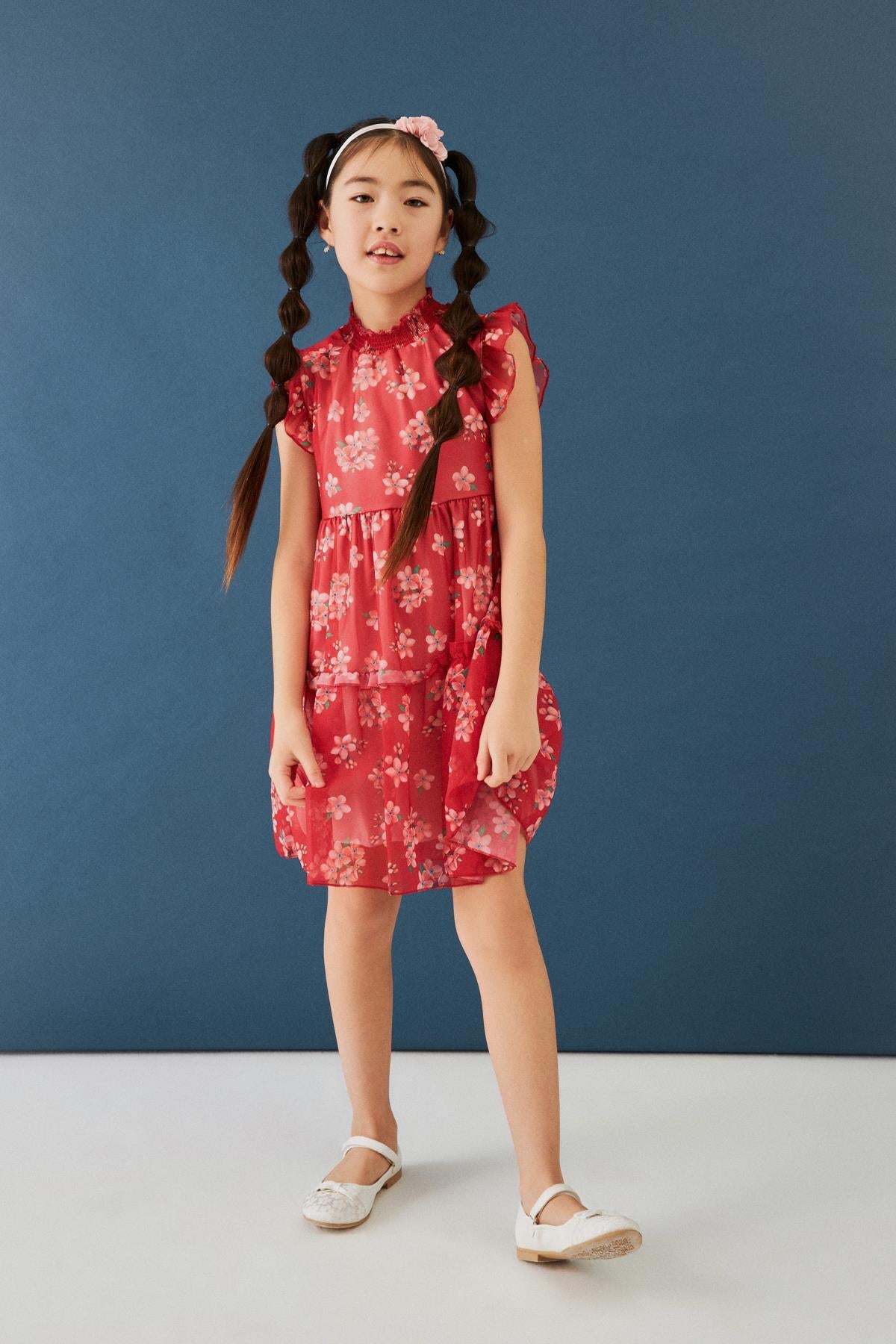 Çiçek Desenli Gipe Yakalı Şifon Kız Çocuk Elbise