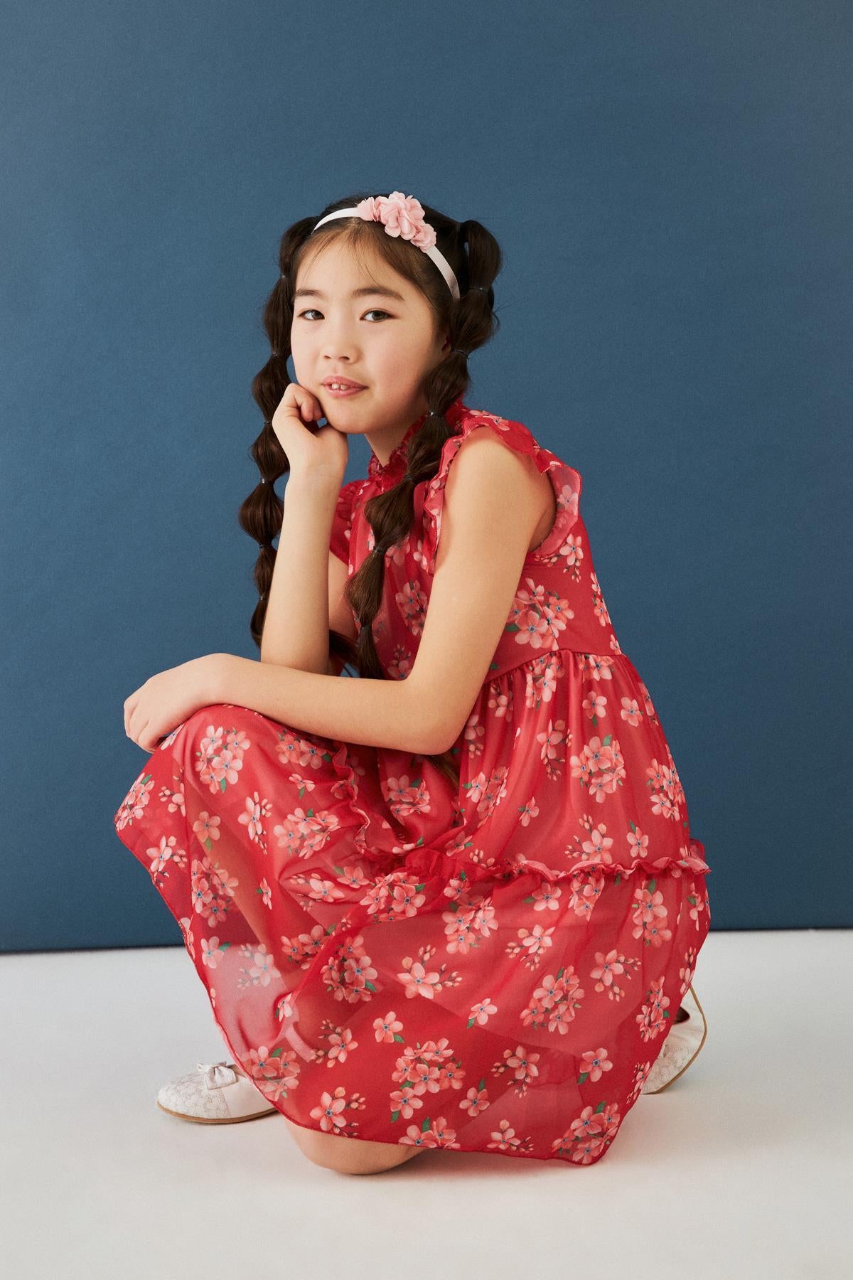 Çiçek Desenli Gipe Yakalı Şifon Kız Çocuk Elbise