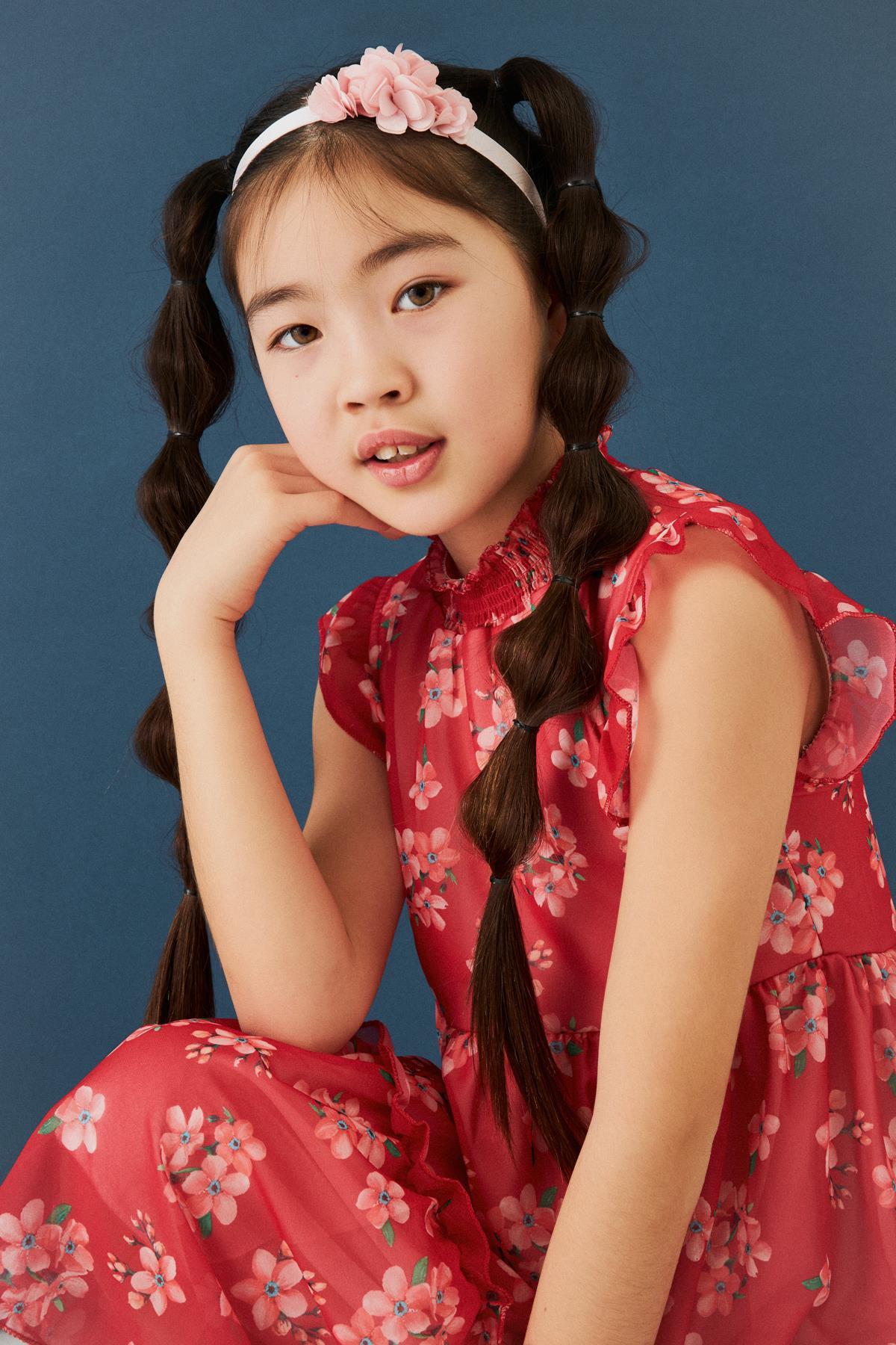 Çiçek Desenli Gipe Yakalı Şifon Kız Çocuk Elbise