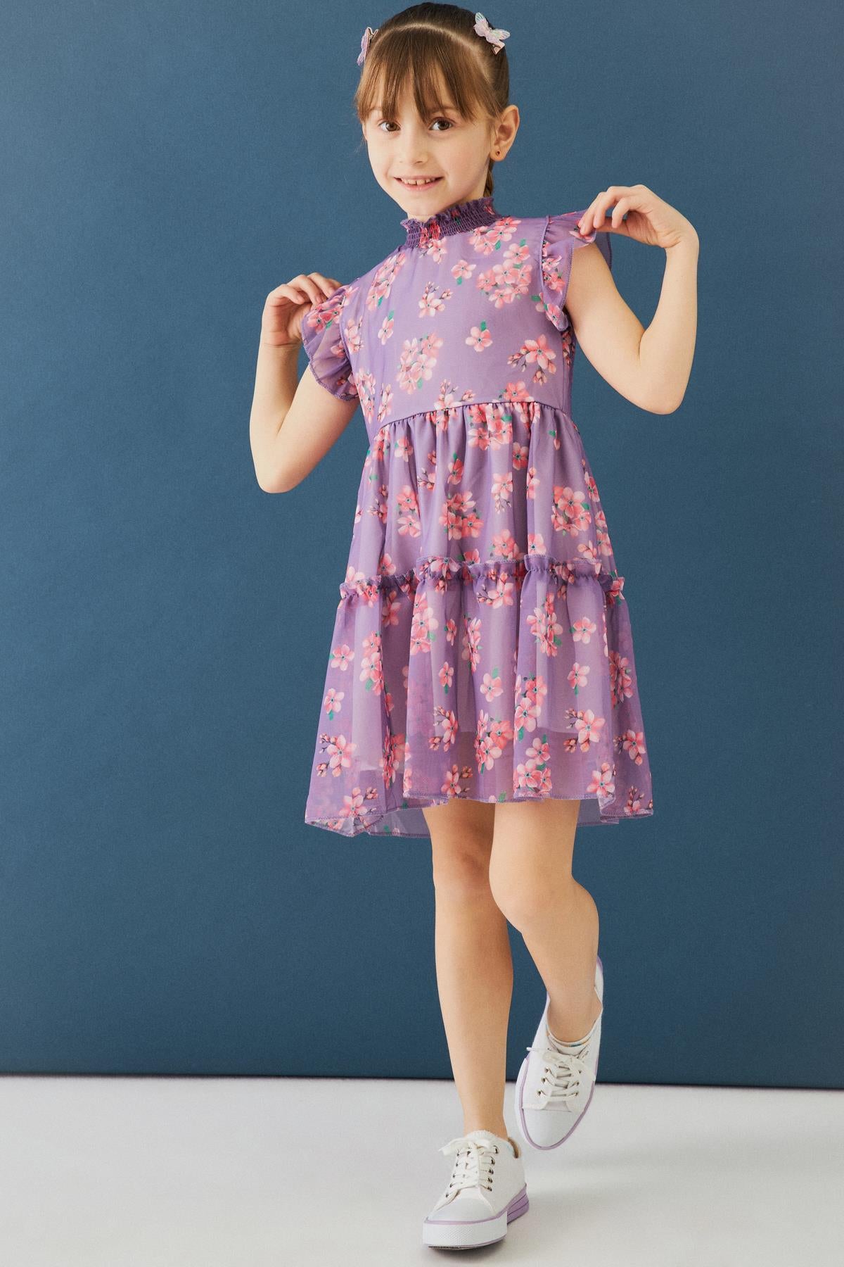 Çiçek Desenli Gipe Yakalı Şifon Kız Çocuk Elbise