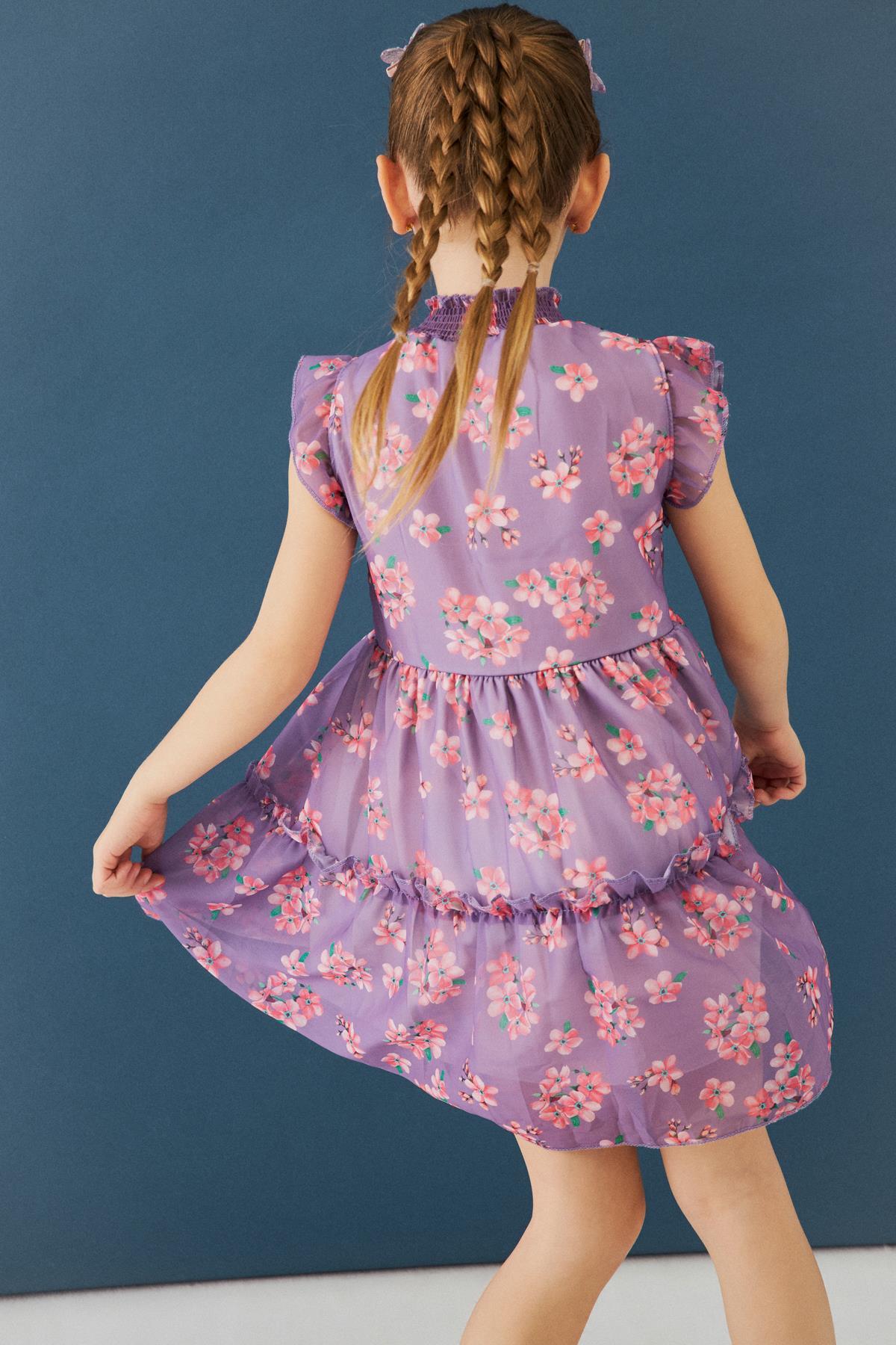 Çiçek Desenli Gipe Yakalı Şifon Kız Çocuk Elbise