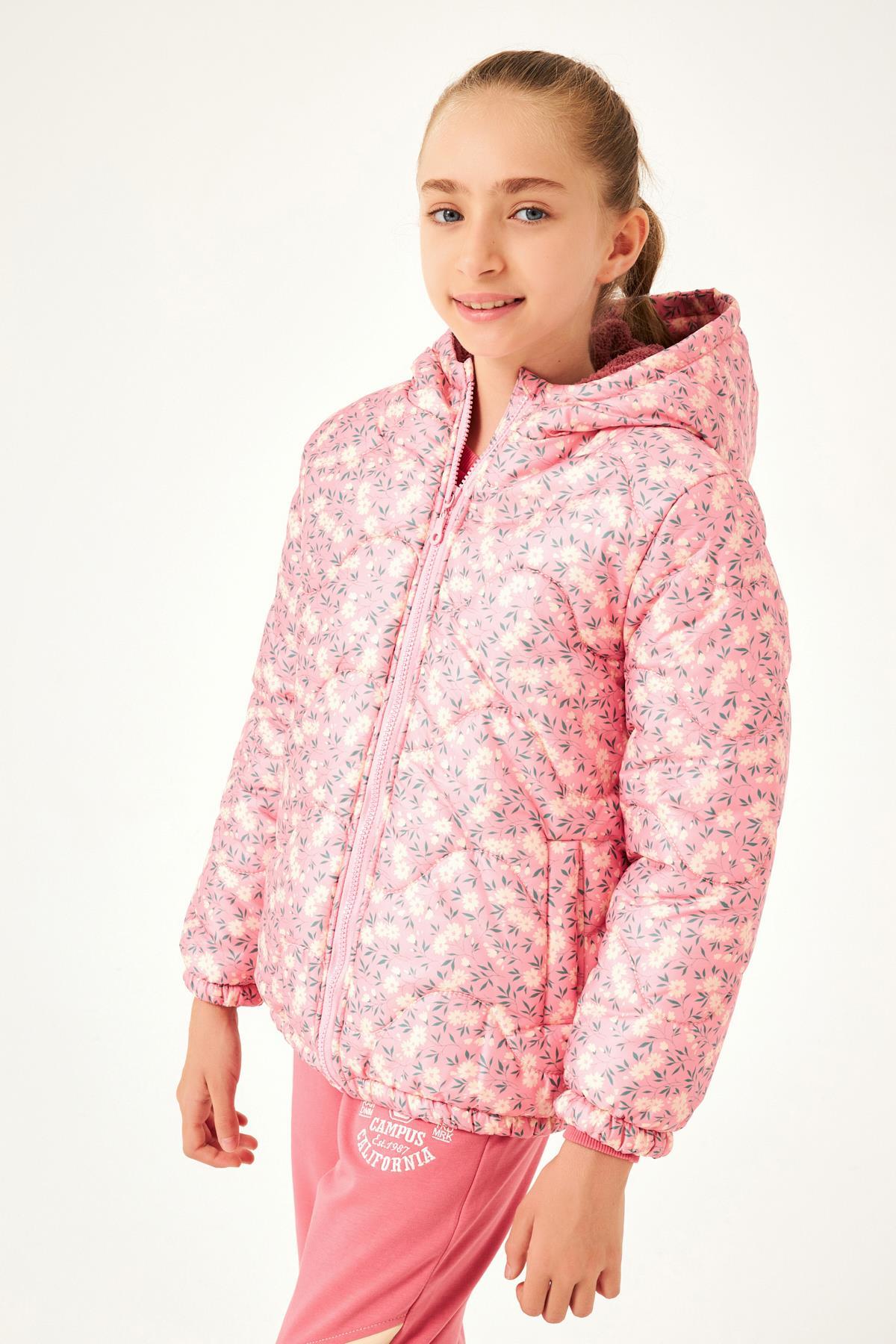 Çiçek Desenli Kız Çocuk Mont