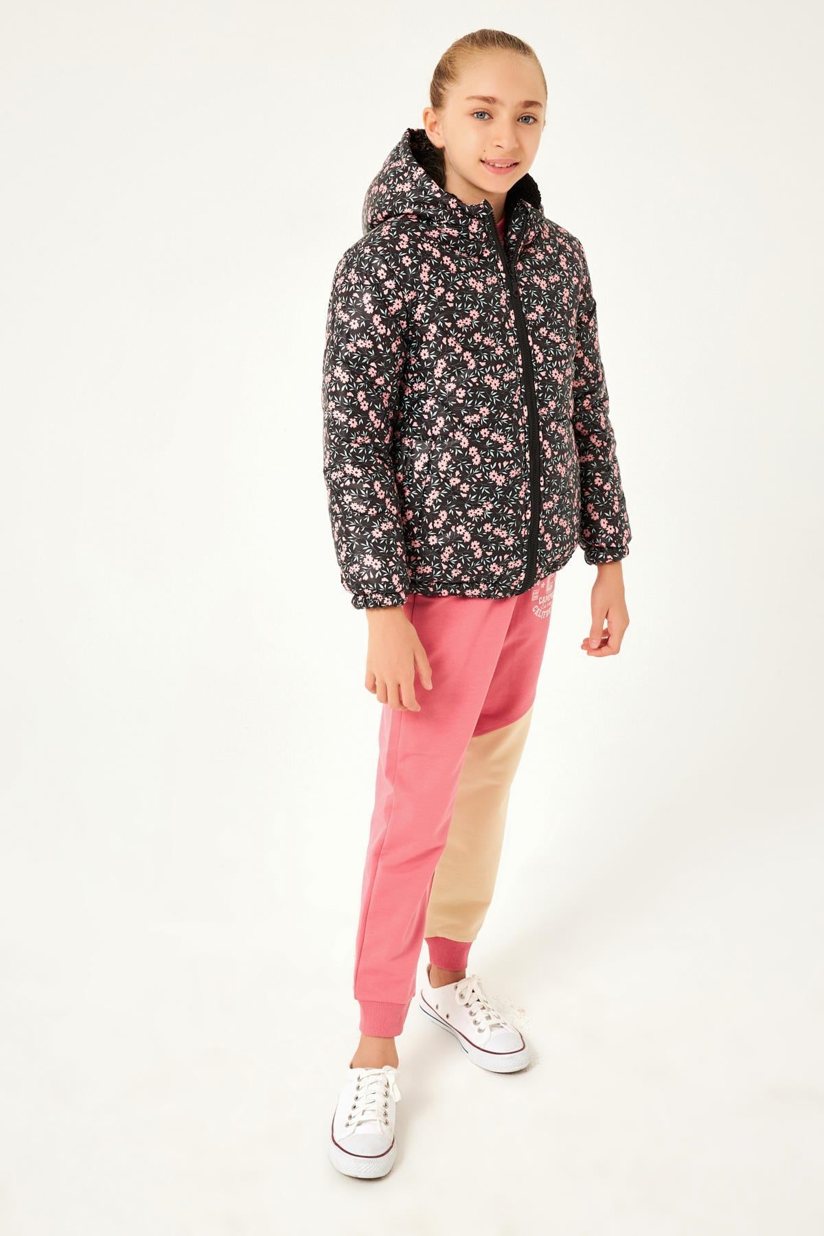 Çiçek Desenli Kız Çocuk Mont