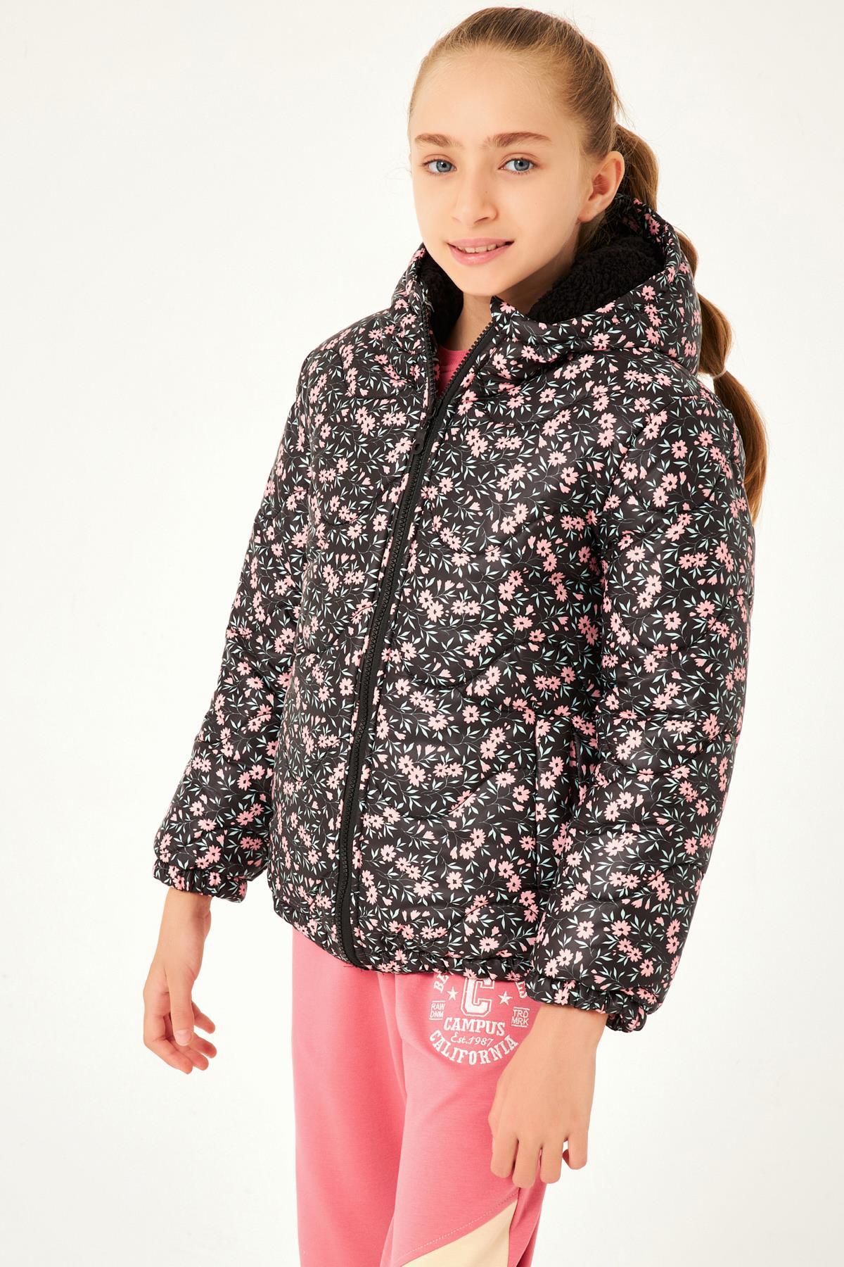 Çiçek Desenli Kız Çocuk Mont