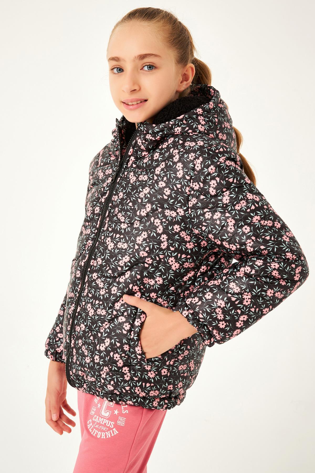 Çiçek Desenli Kız Çocuk Mont