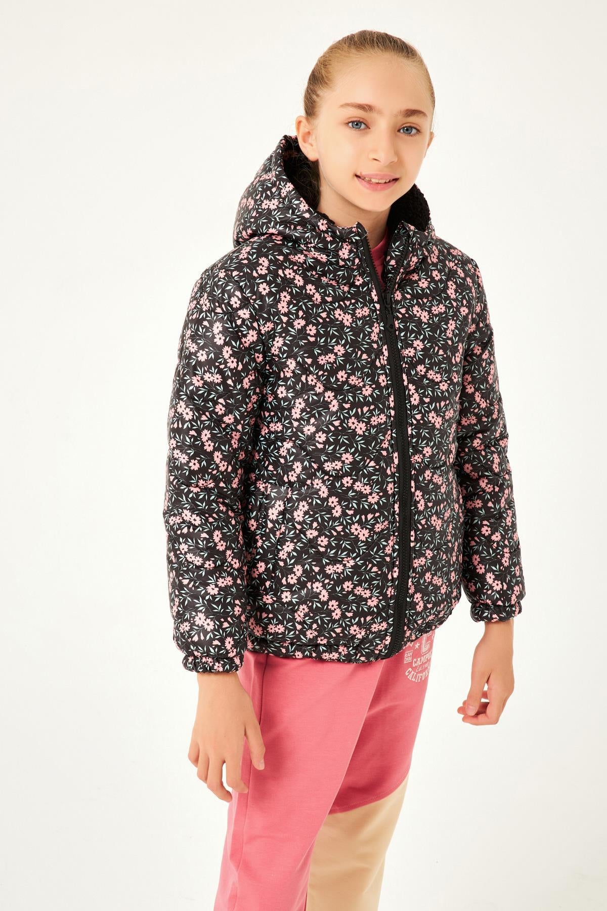 Çiçek Desenli Kız Çocuk Mont