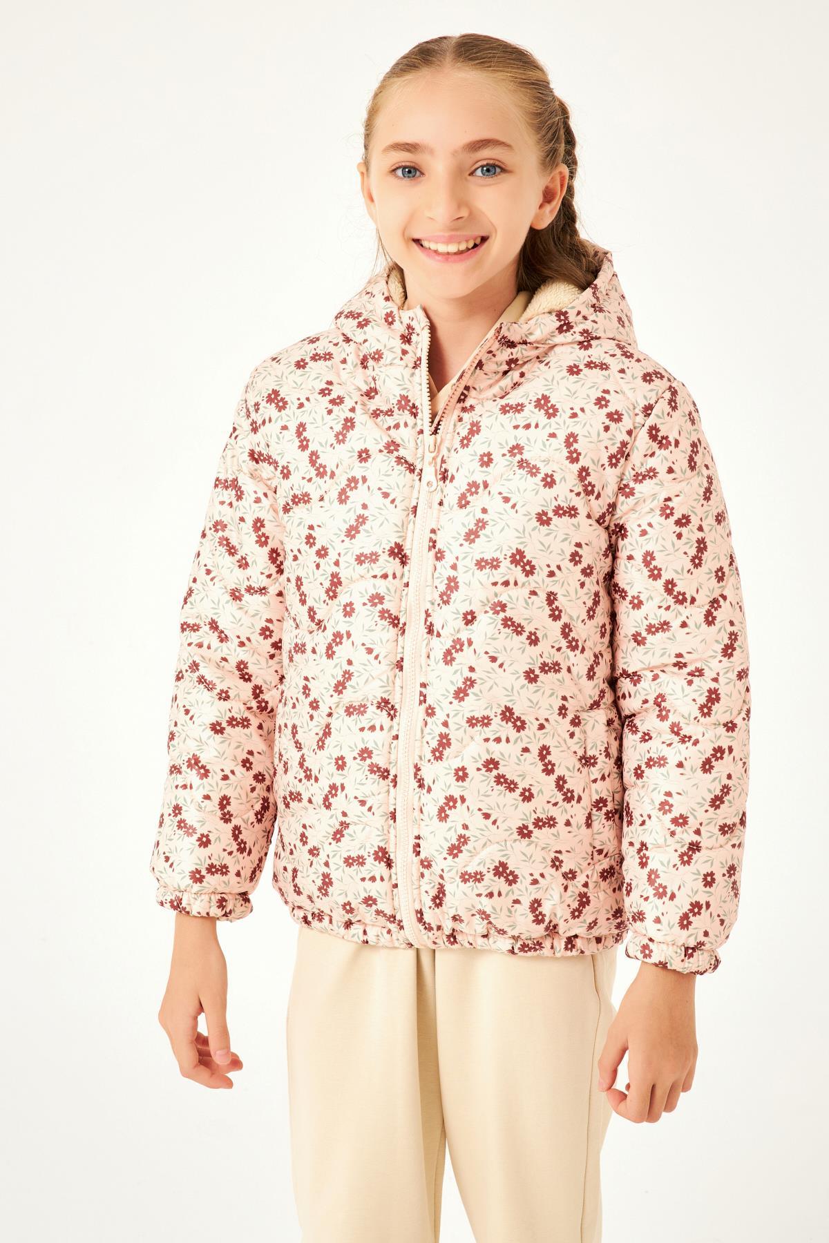 Çiçek Desenli Kız Çocuk Mont
