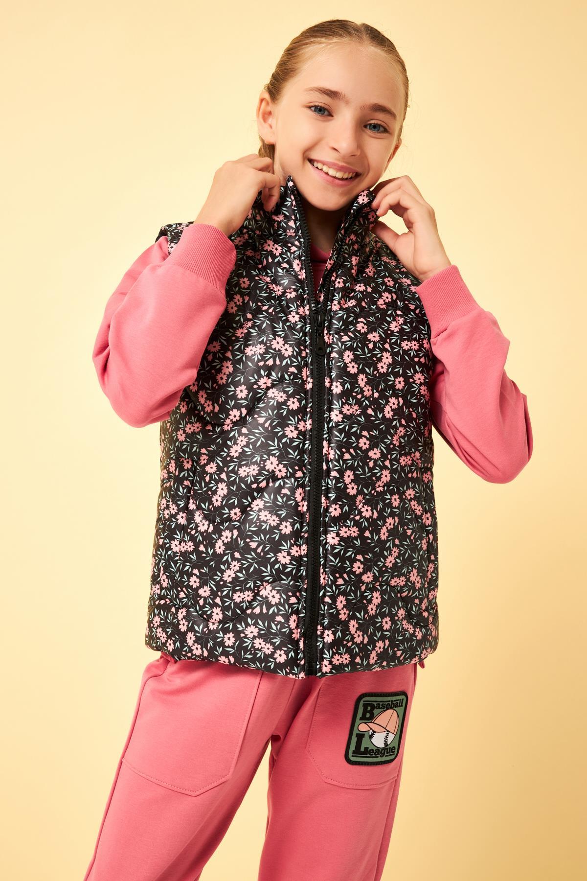 Çiçek Desenli Kız Çocuk Yelek