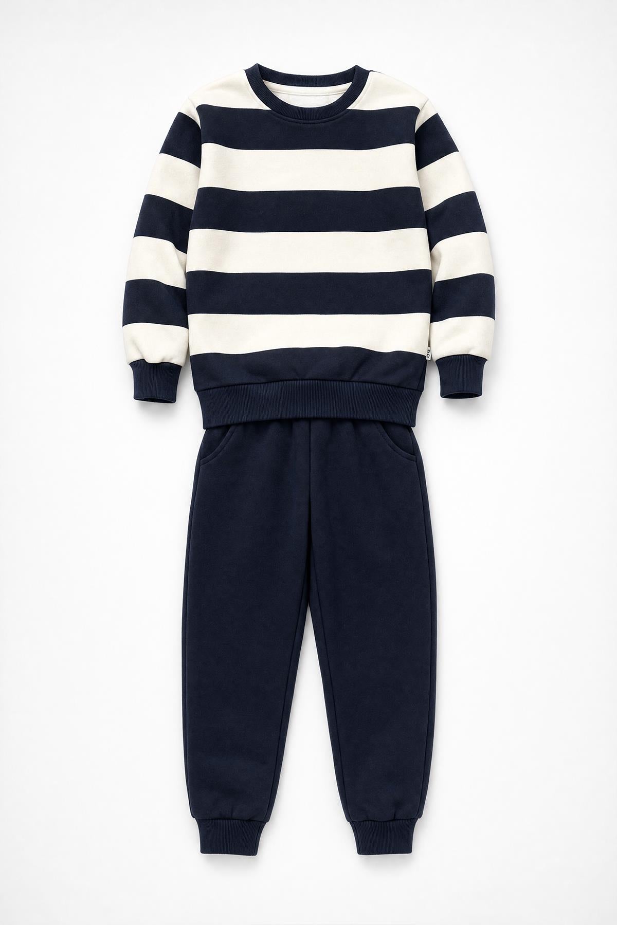 Erkek Çocuk Çizgili Sweatshirt ve Jogger Alt Şardonlu Takım