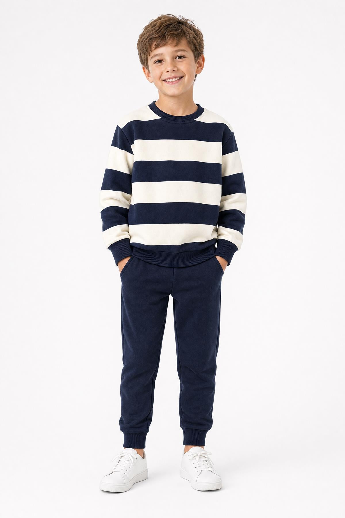 Erkek Çocuk Çizgili Sweatshirt ve Jogger Alt Şardonlu Takım