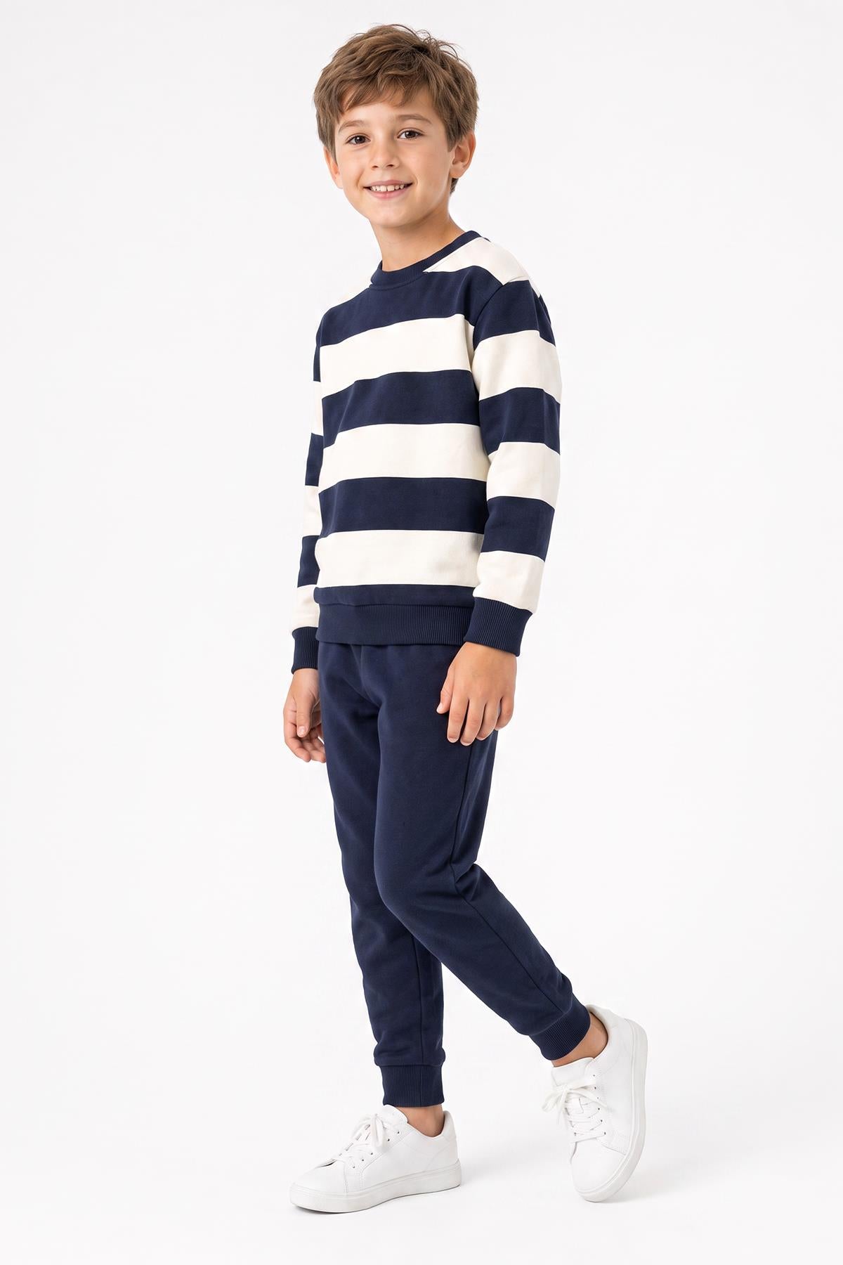 Erkek Çocuk Çizgili Sweatshirt ve Jogger Alt Şardonlu Takım