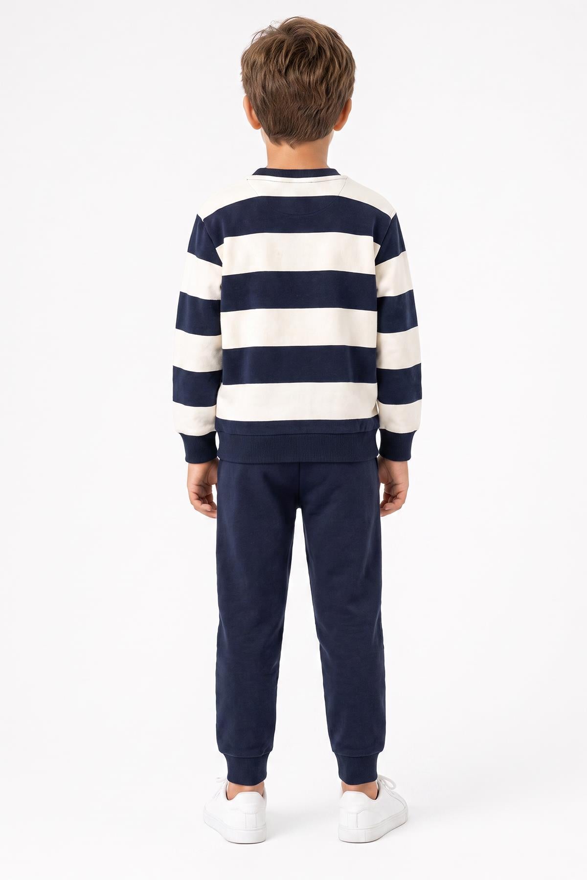 Erkek Çocuk Çizgili Sweatshirt ve Jogger Alt Şardonlu Takım