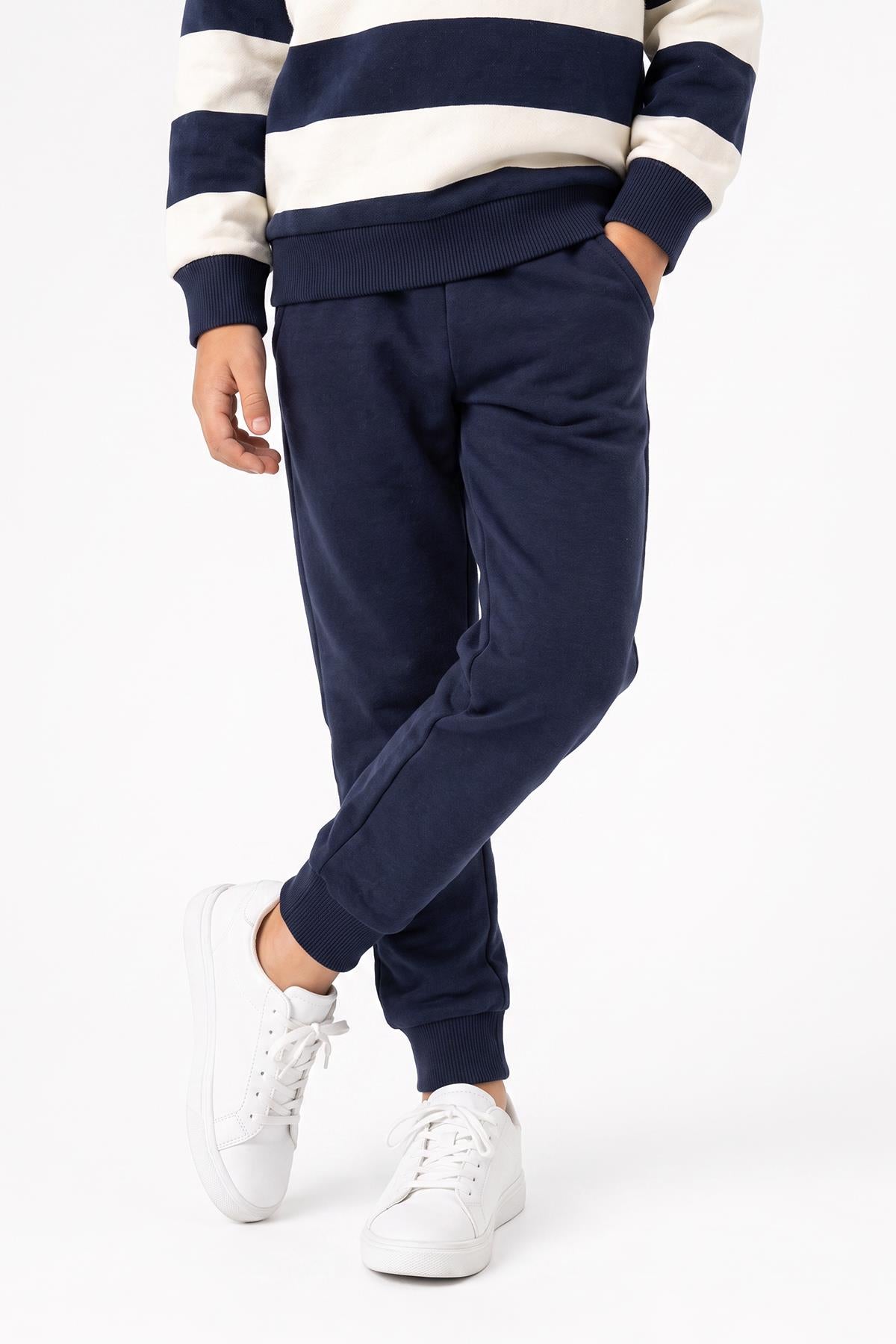 Erkek Çocuk Çizgili Sweatshirt ve Jogger Alt Şardonlu Takım