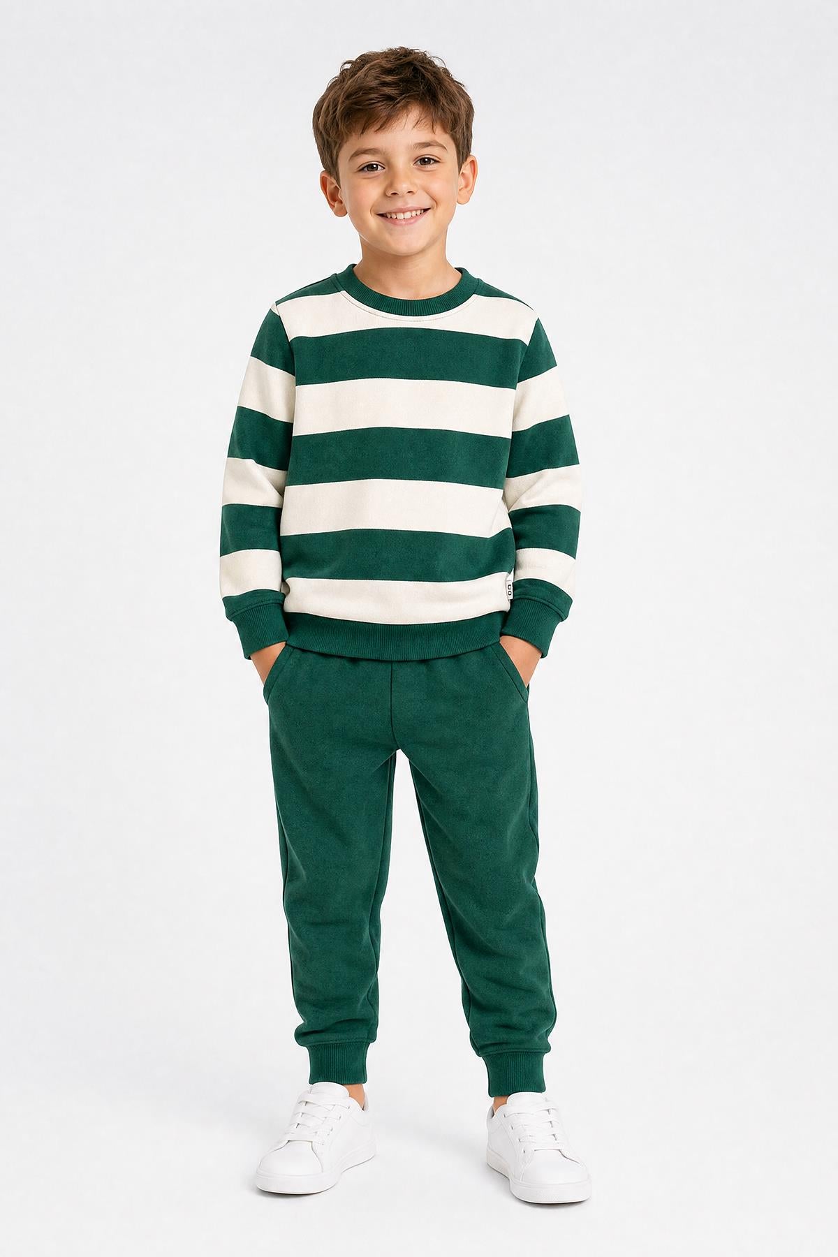 Erkek Çocuk Çizgili Sweatshirt ve Jogger Alt Şardonlu Takım