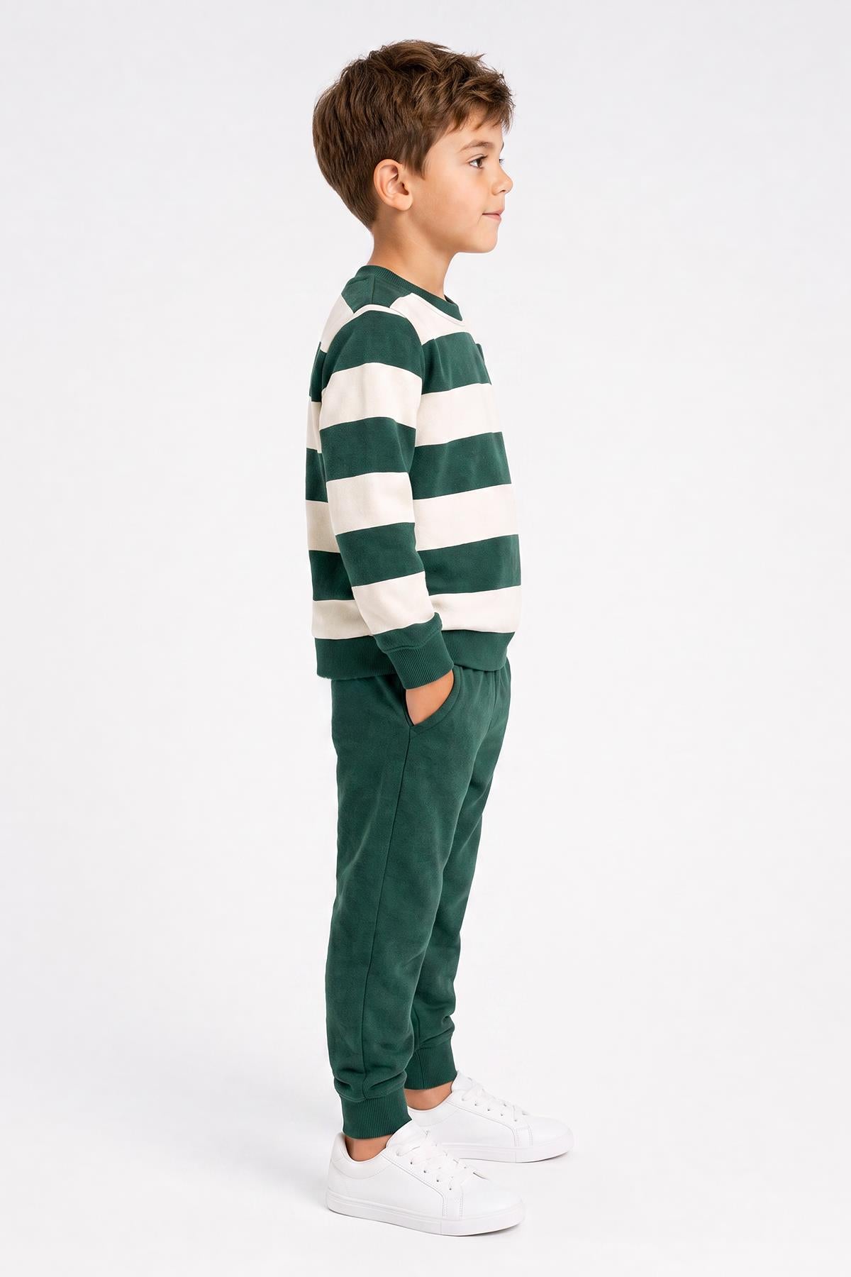 Erkek Çocuk Çizgili Sweatshirt ve Jogger Alt Şardonlu Takım