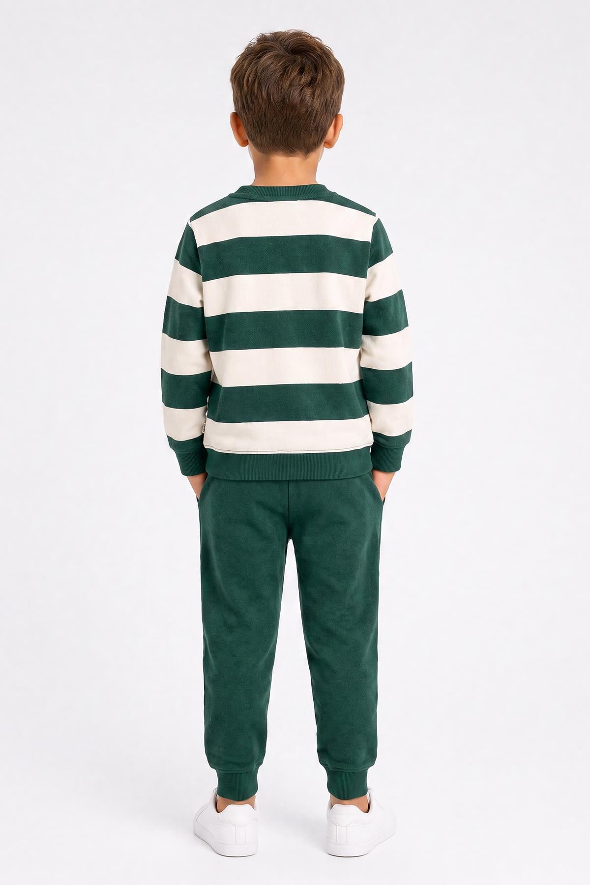 Erkek Çocuk Çizgili Sweatshirt ve Jogger Alt Şardonlu Takım