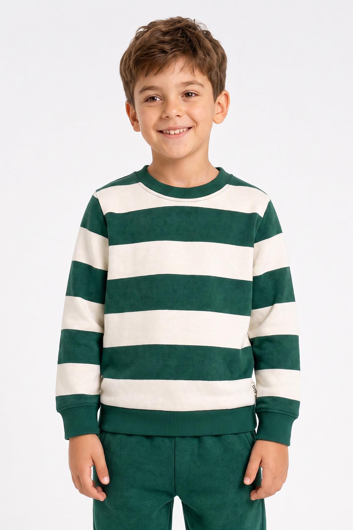 Erkek Çocuk Çizgili Sweatshirt ve Jogger Alt Şardonlu Takım