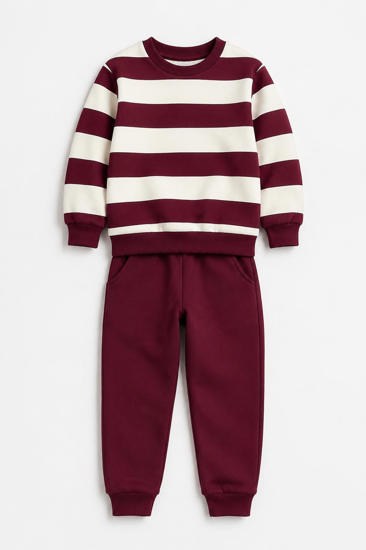 Erkek Çocuk Çizgili Sweatshirt ve Jogger Alt Şardonlu Takım