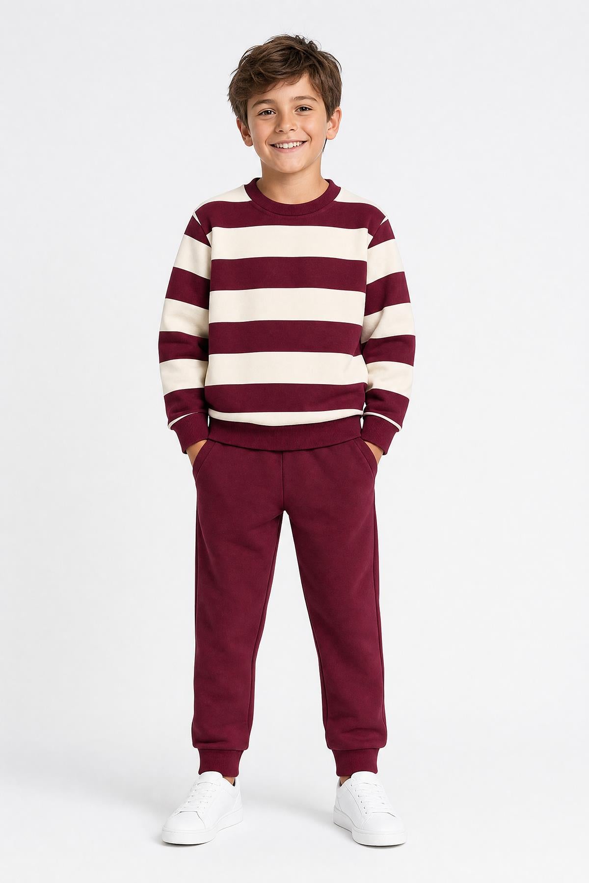 Erkek Çocuk Çizgili Sweatshirt ve Jogger Alt Şardonlu Takım
