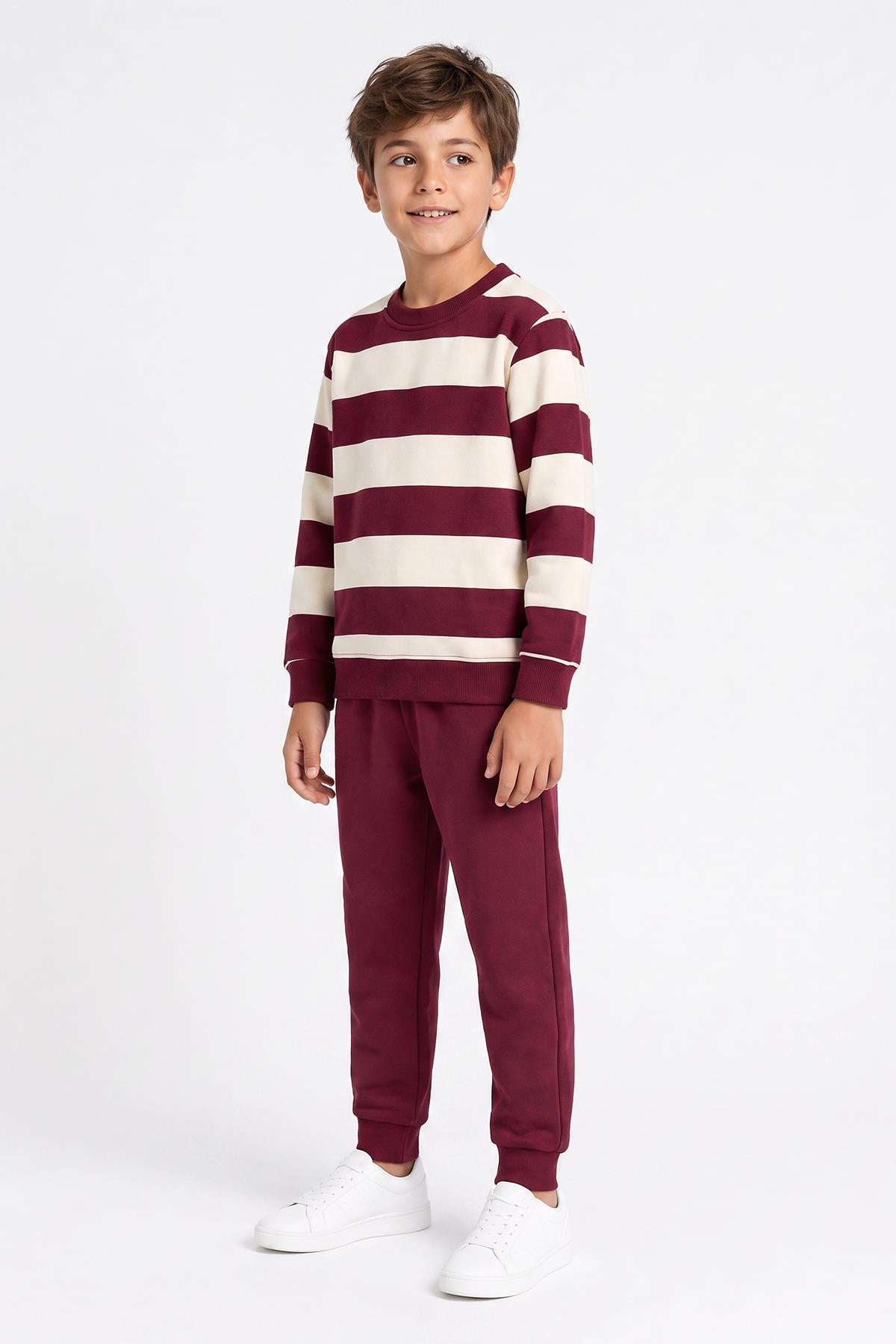 Erkek Çocuk Çizgili Sweatshirt ve Jogger Alt Şardonlu Takım