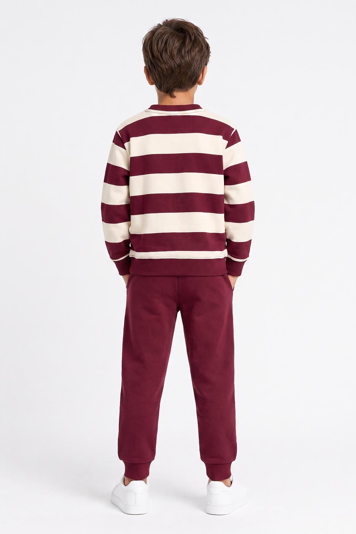 Erkek Çocuk Çizgili Sweatshirt ve Jogger Alt Şardonlu Takım