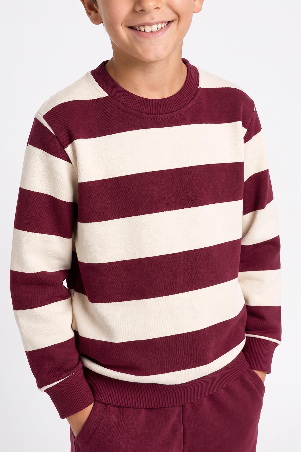 Erkek Çocuk Çizgili Sweatshirt ve Jogger Alt Şardonlu Takım