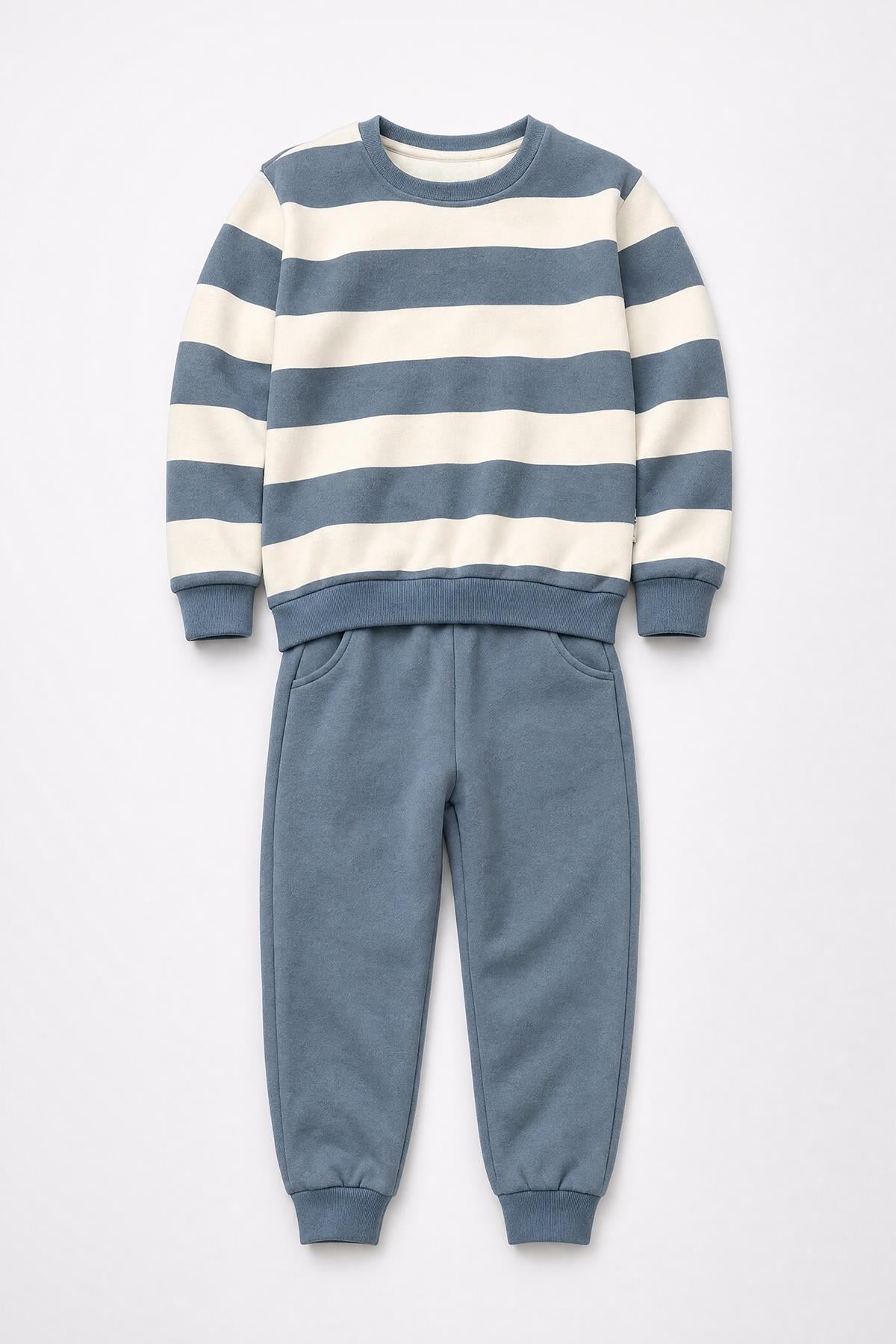 Erkek Çocuk Çizgili Sweatshirt ve Jogger Alt Şardonlu Takım